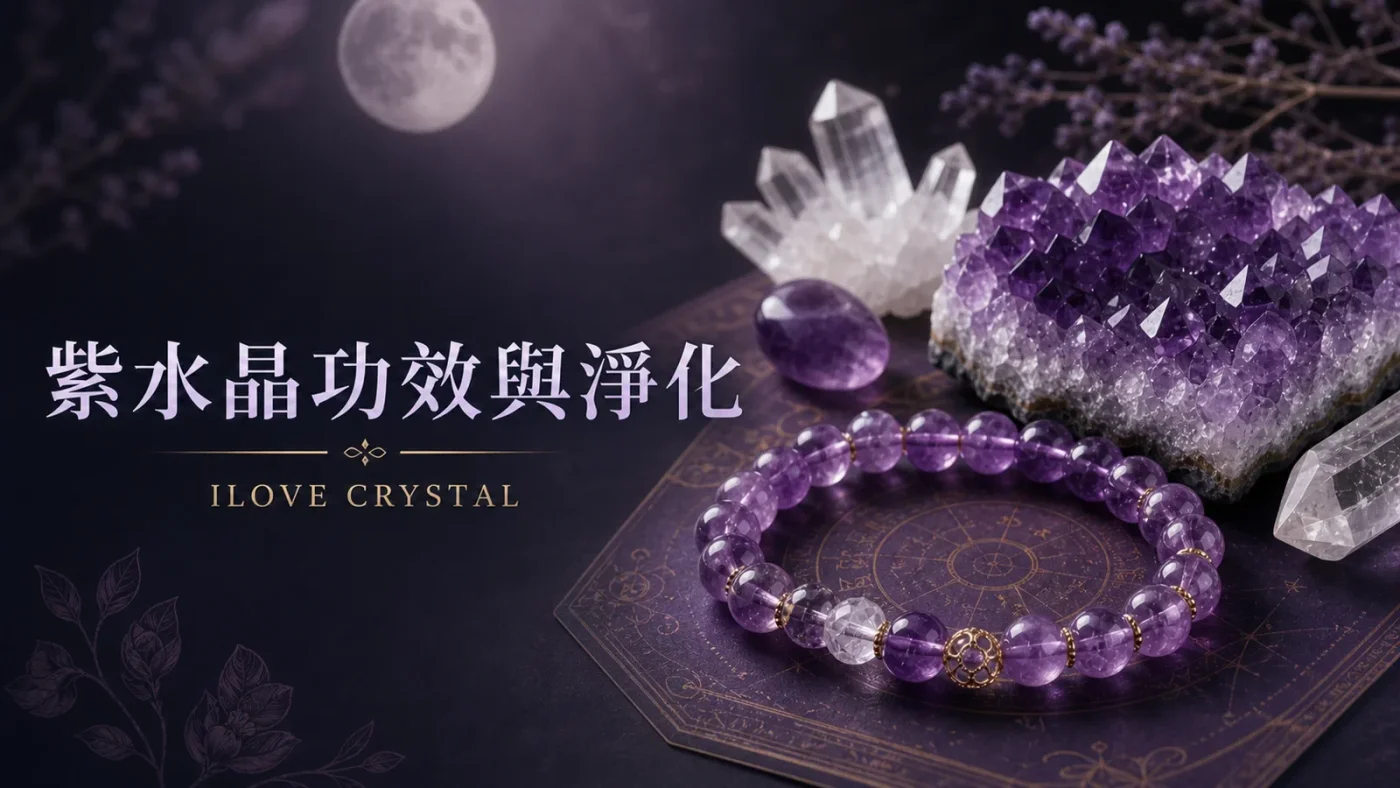 紫水晶功效與淨化文章封面，紫水晶手鍊與紫水晶晶簇