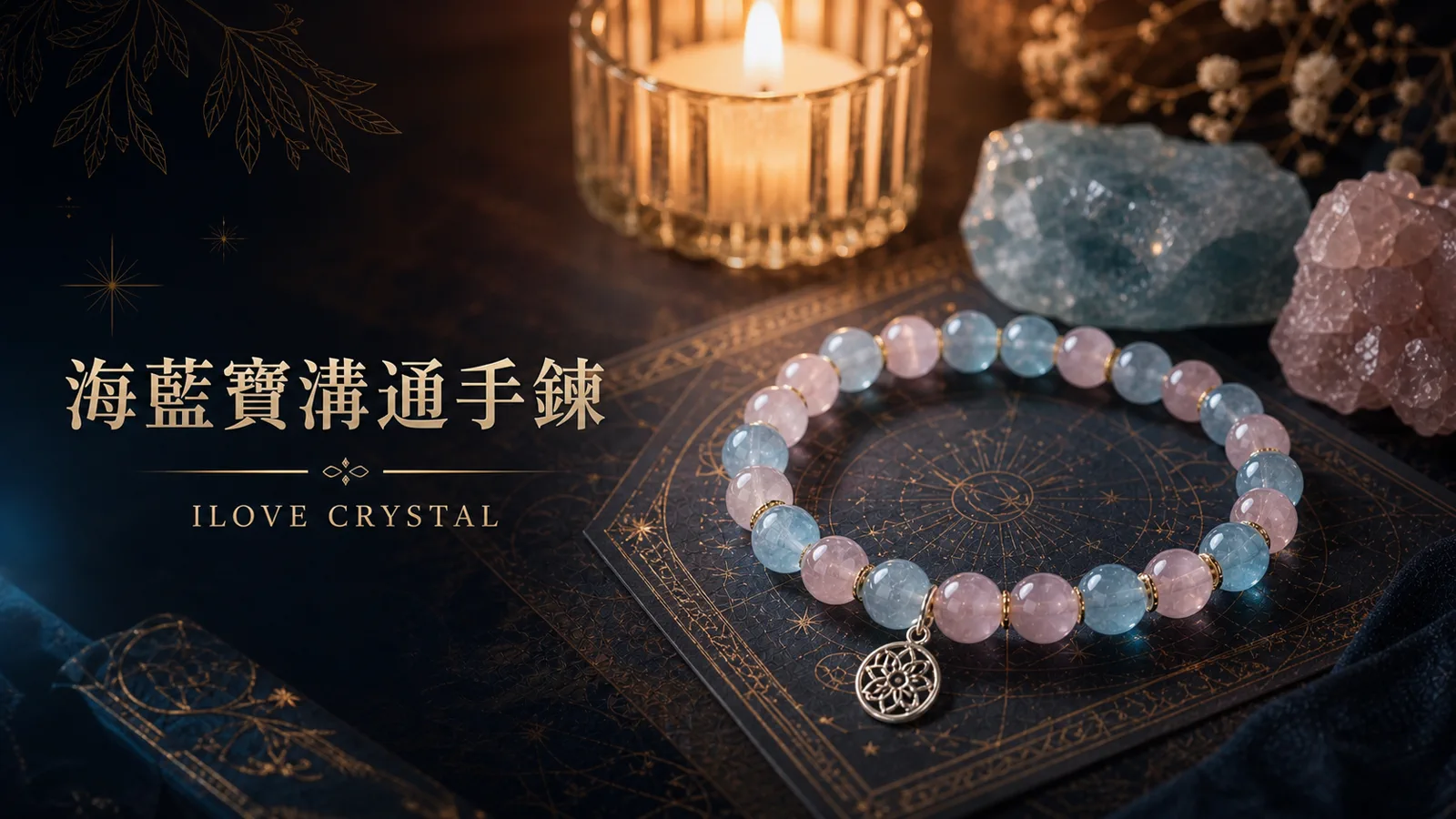 海藍寶溝通手鍊設計，搭配粉晶與銀色吊飾