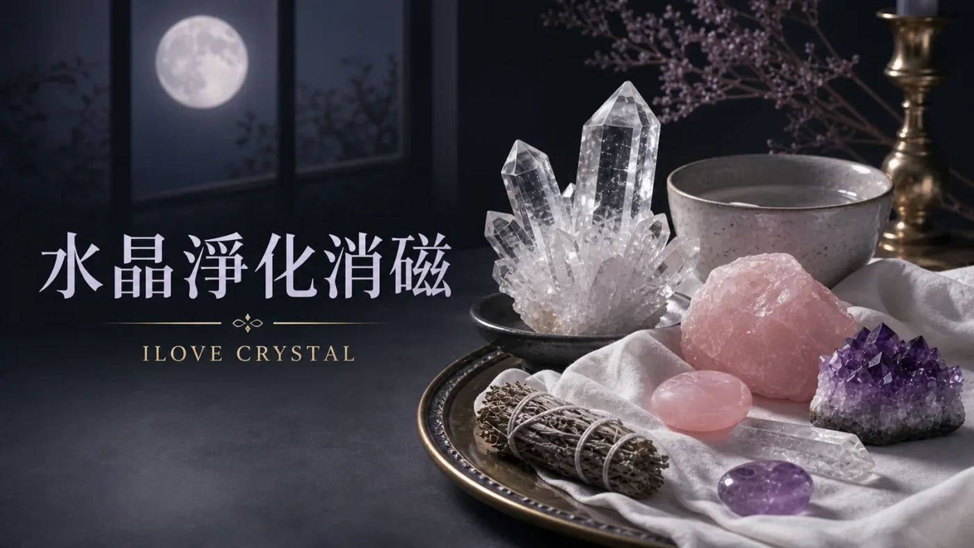 水晶淨化消磁文章封面，月光下的白水晶、粉水晶與紫水晶