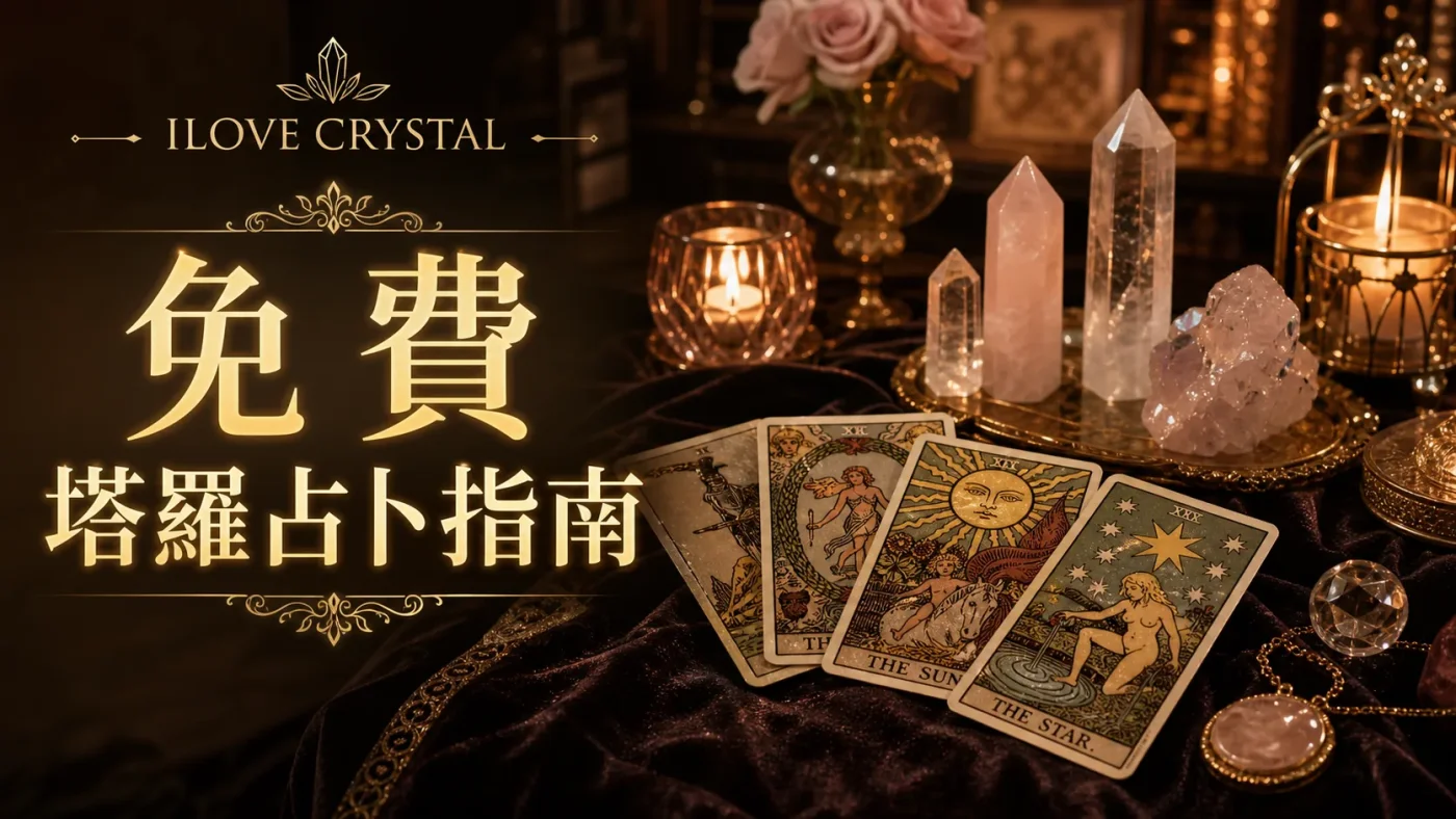 免費塔羅占卜指南封面,暖色牌桌上有塔羅牌、水晶與燭光
