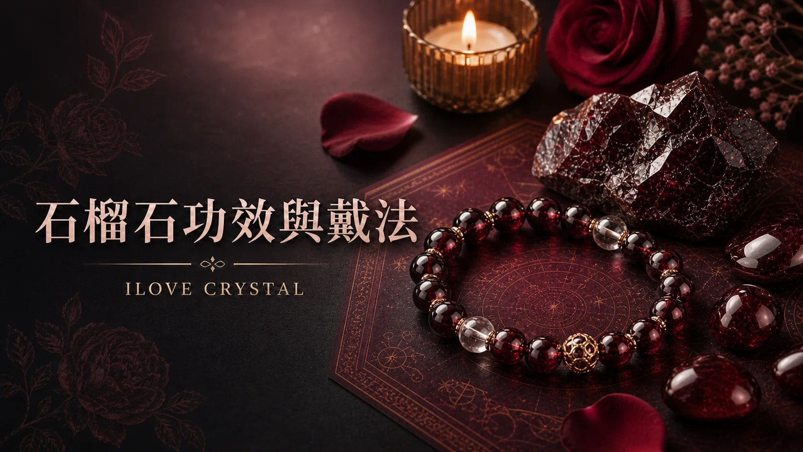 石榴石功效與戴法文章封面，酒紅色石榴石手鍊與蠟燭