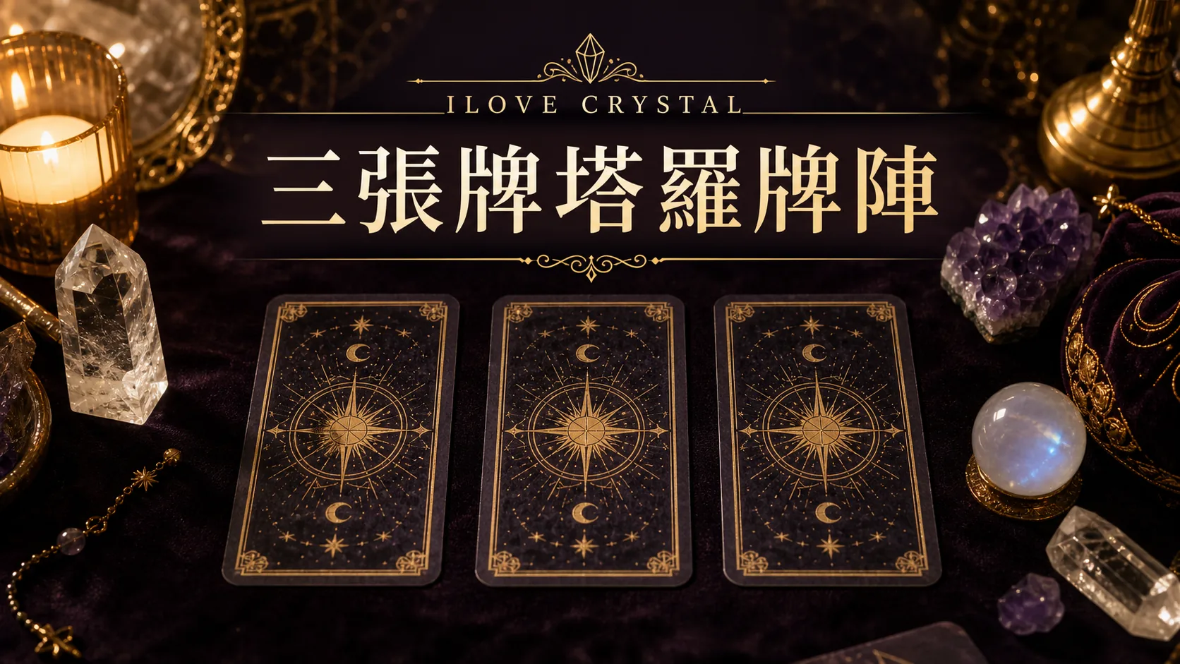 三張牌塔羅牌陣封面，三張塔羅牌背面排在深色水晶牌桌上