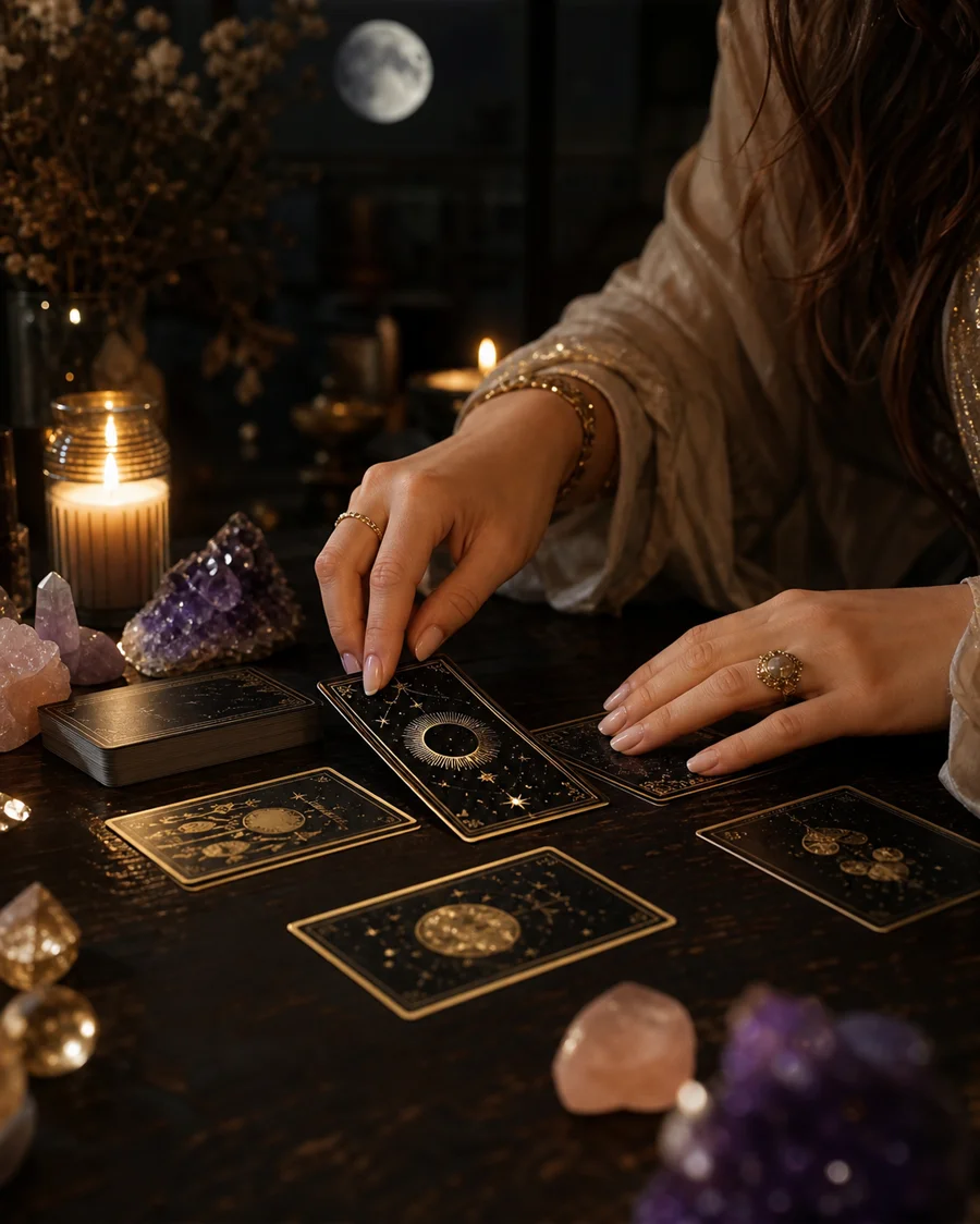 Luna 塔羅牌老師諮詢情境，月光、燭光、塔羅牌與水晶放在深色木桌上