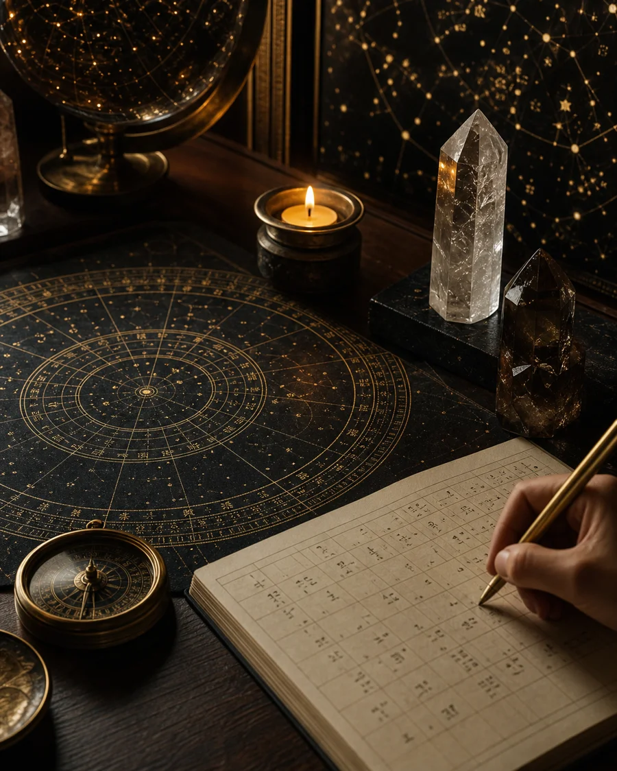 星衡老師紫微與八字命理諮詢情境，命盤、五行格線、羅盤、水晶與燭光