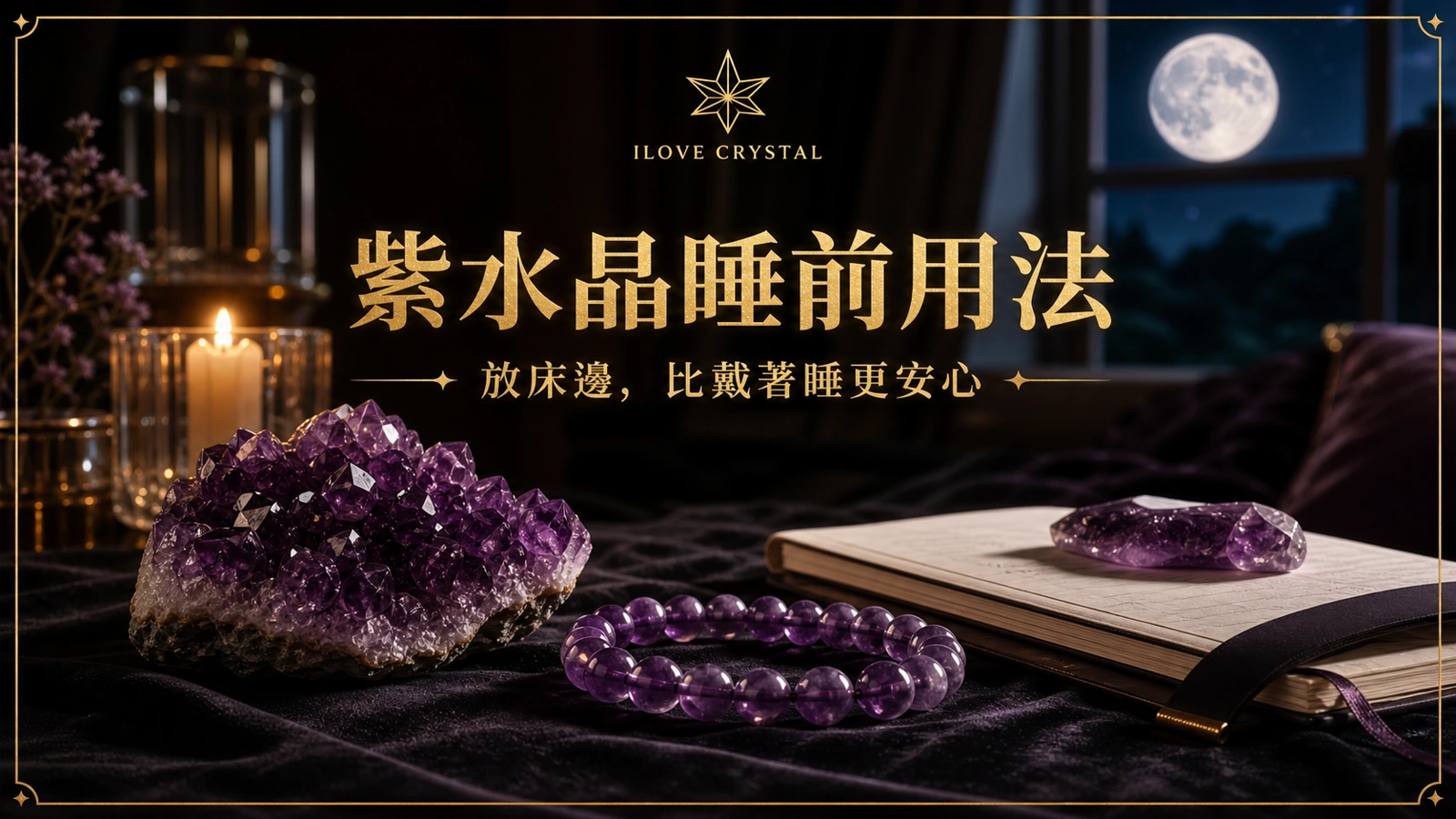 紫水晶睡前用法插圖，床邊晶盒、月光與安定筆記