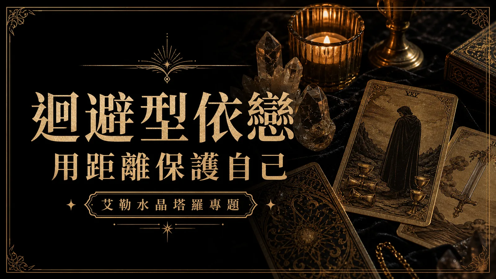 迴避型依戀心理塔羅封面，塔羅牌與煙水晶呈現用距離保護自己