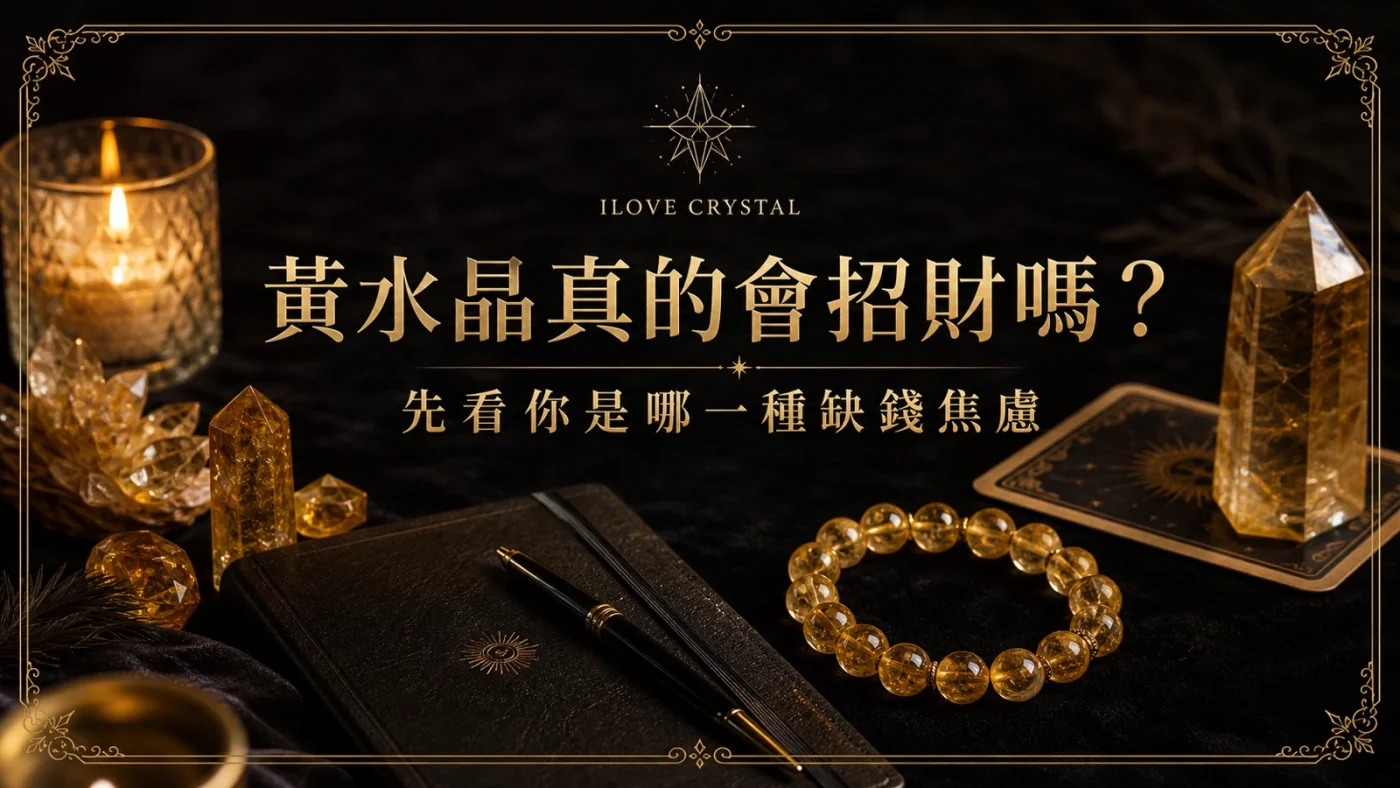 黃水晶真的會招財嗎文章封面，黃水晶手鍊、金色晶石與財務筆記