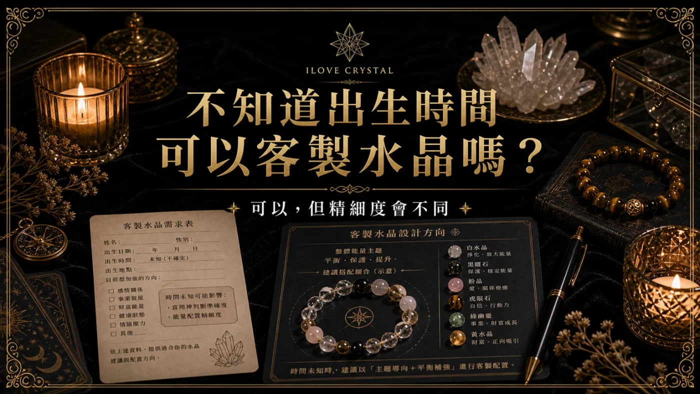 不知道出生時間可以客製水晶嗎?文章封面,不知道出生時間客製水晶的暗金水晶塔羅視覺