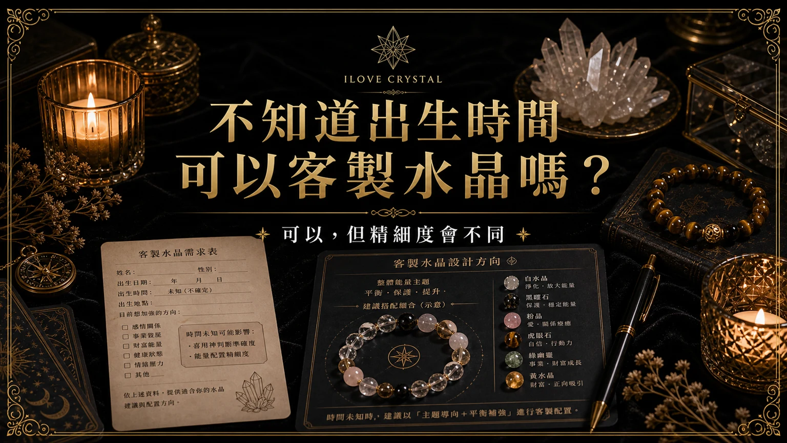 不知道出生時間可以客製水晶嗎？文章封面，不知道出生時間客製水晶的暗金水晶塔羅視覺