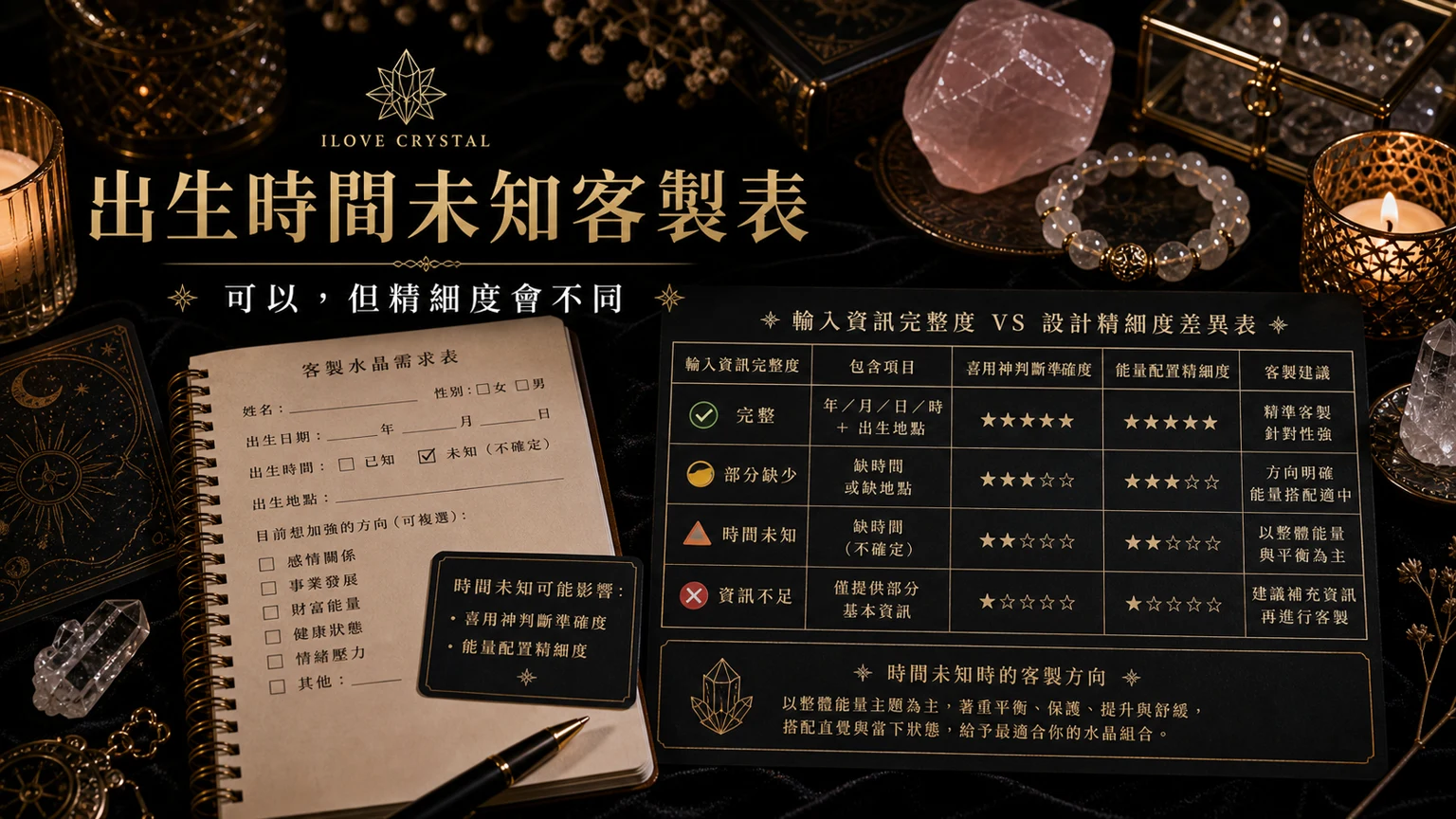出生時間未知客製表插圖，不知道出生時間客製水晶的整理表與日常提醒