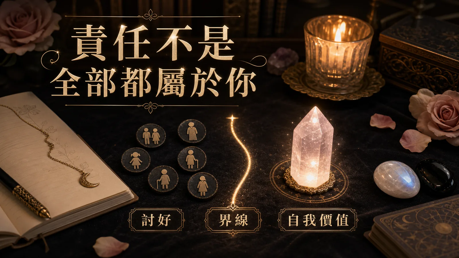 長女病責任界線覺察圖，深色桌面、日記、水晶與界線文字