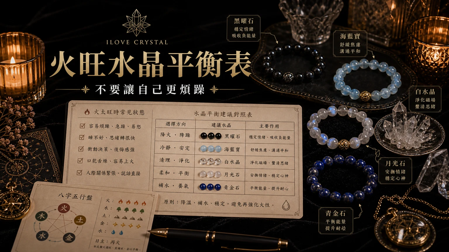 火旺水晶平衡表插圖，五行火太旺水晶的整理表與日常提醒