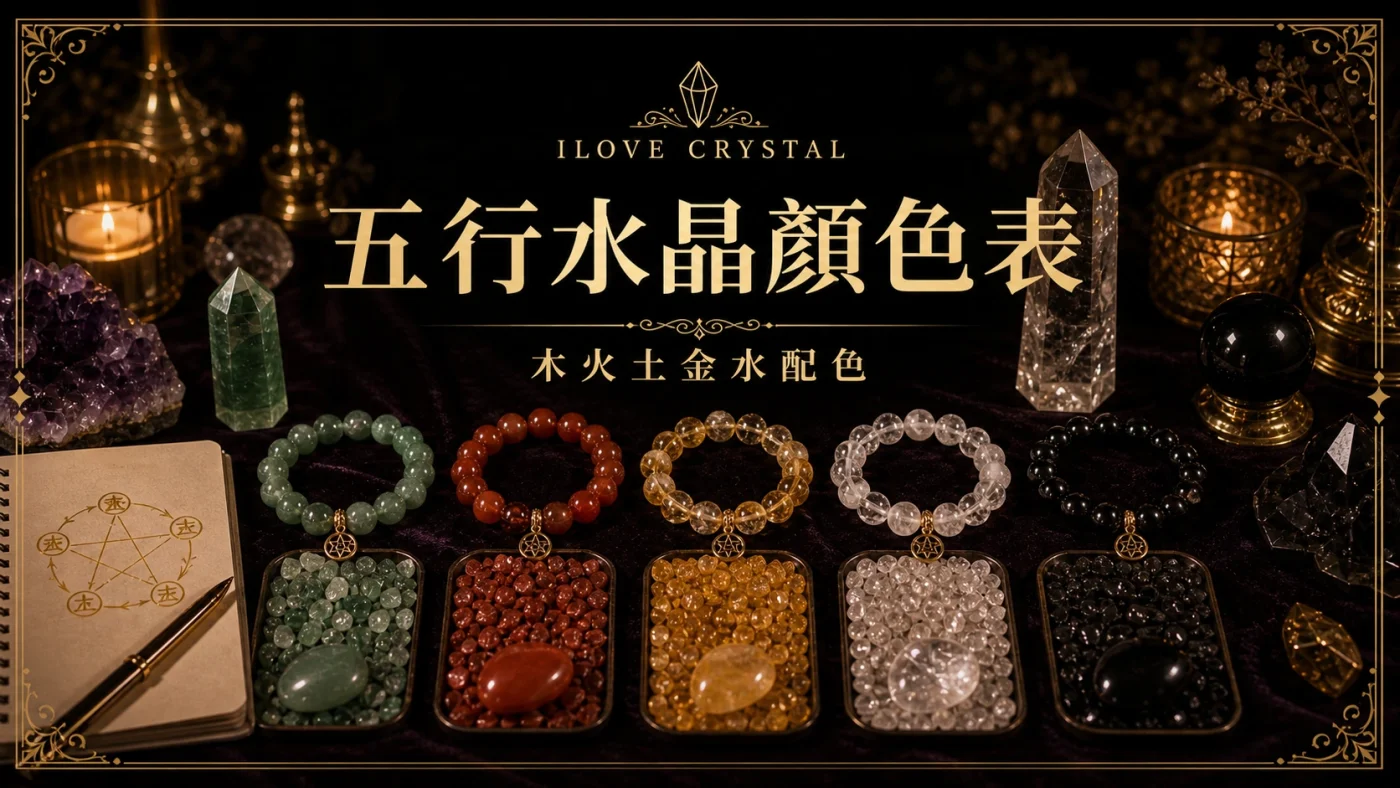 五行水晶顏色表暗金封面,五色水晶珠盤與燭光