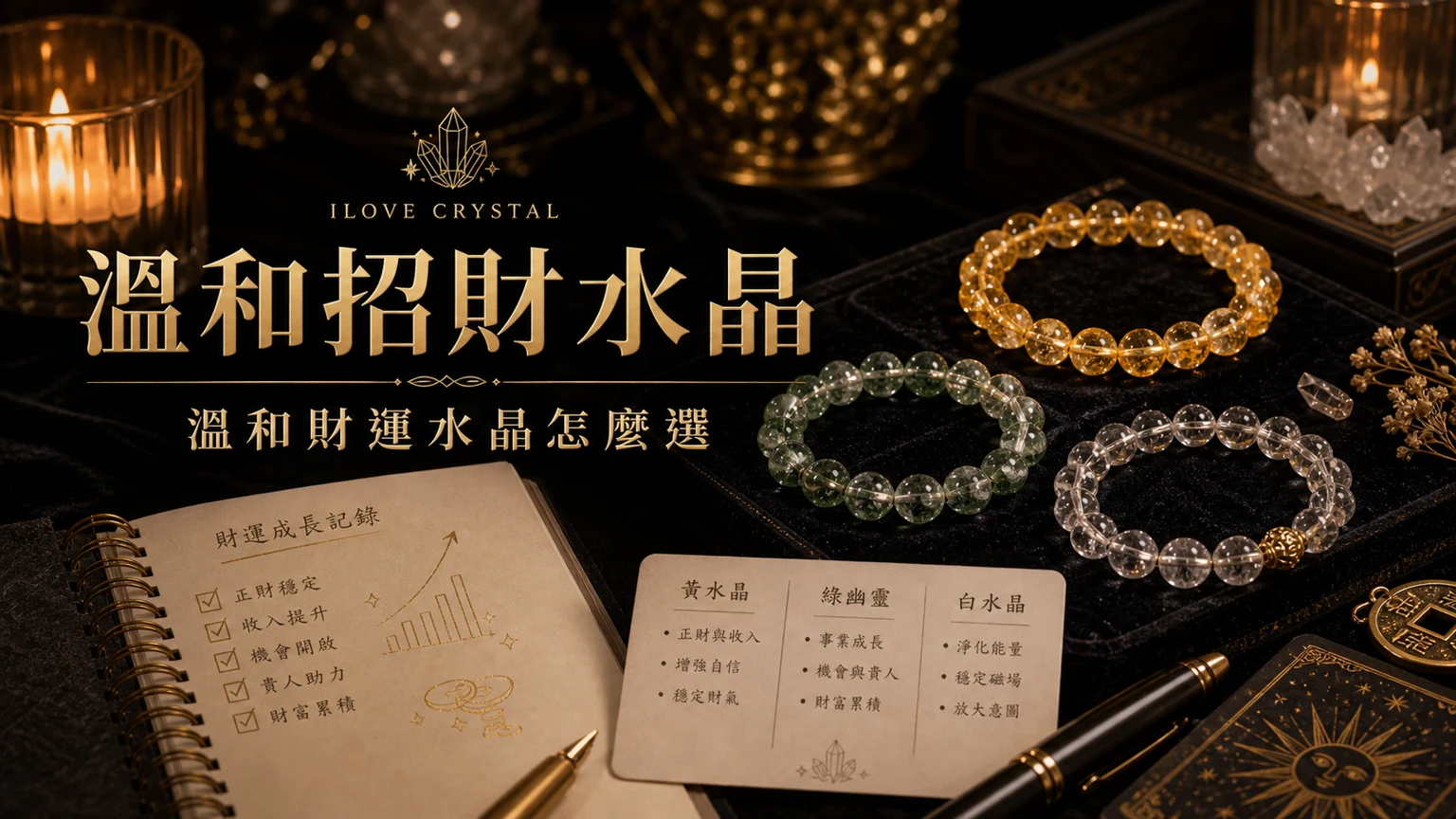 溫和招財水晶插圖，溫和招財水晶的整理表與日常提醒