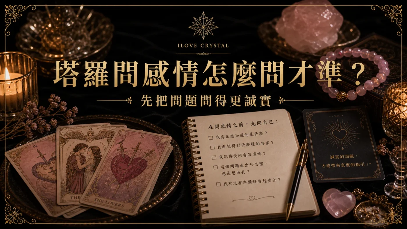 塔羅問感情怎麼問才準?文章封面,塔羅問感情問題的暗金水晶塔羅視覺