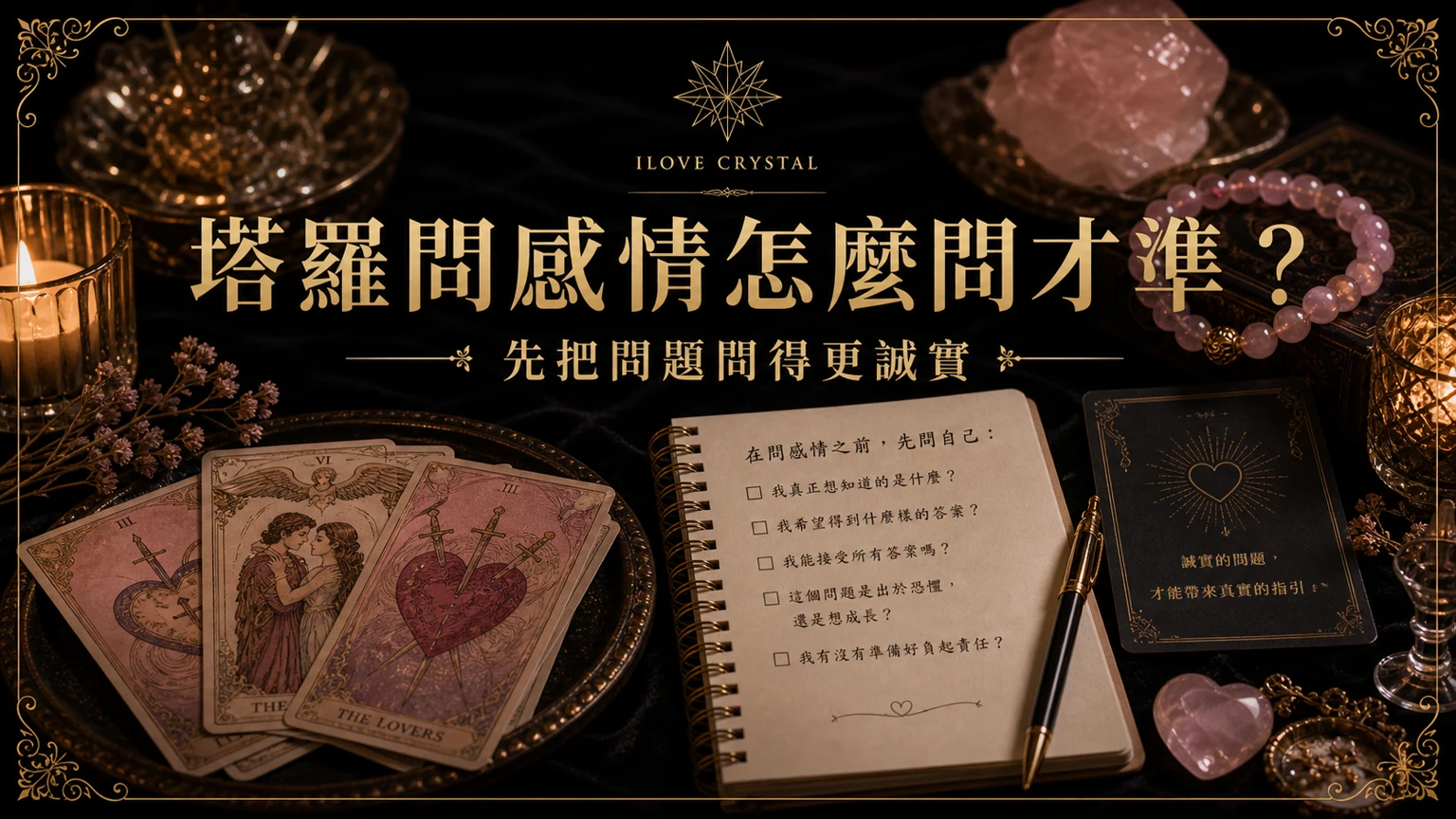 塔羅問感情怎麼問才準？文章封面，塔羅問感情問題的暗金水晶塔羅視覺