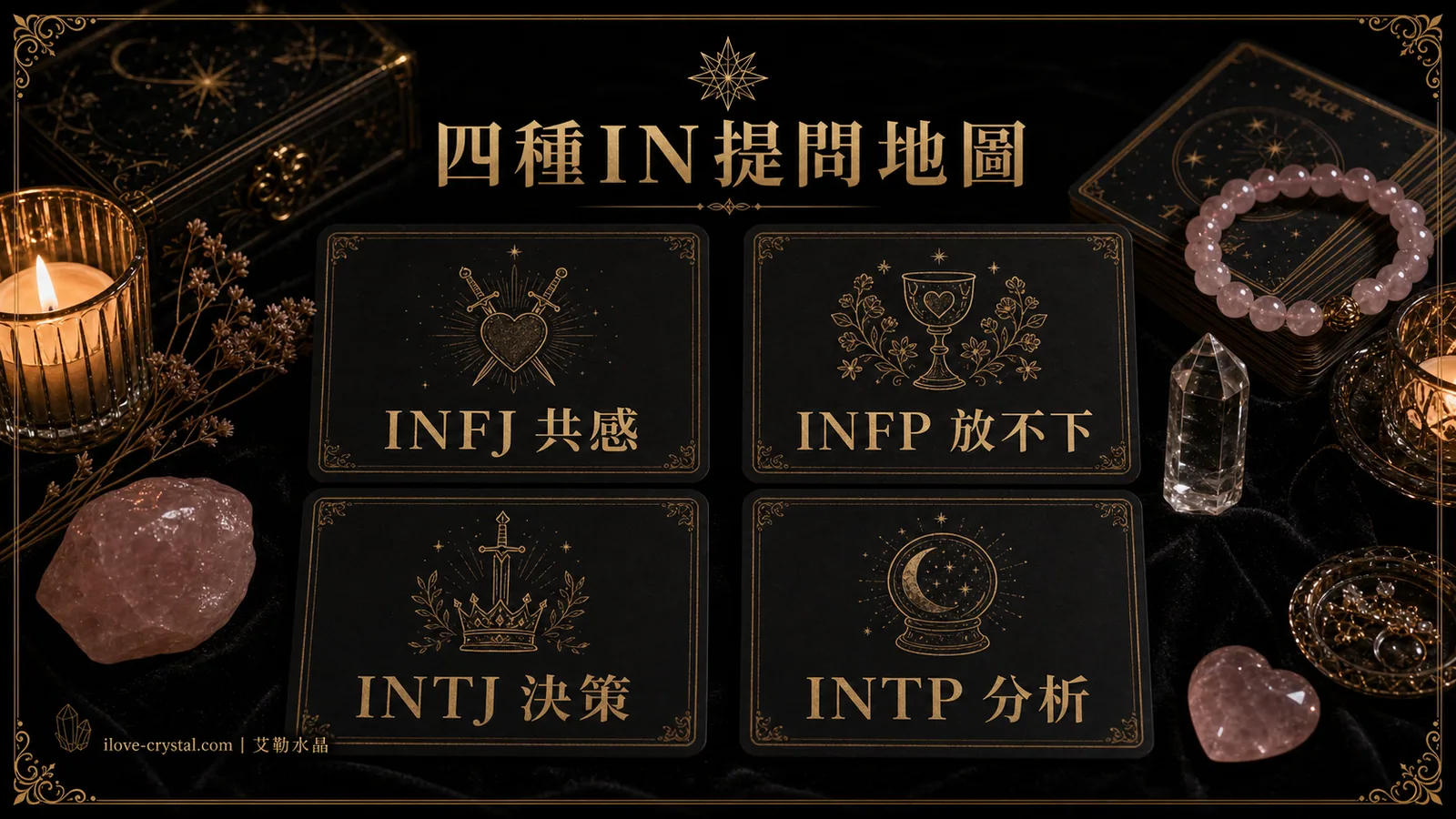 四種 IN 人格感情塔羅提問地圖，包含 INFJ 共感、INFP 放不下、INTJ 決策、INTP 分析