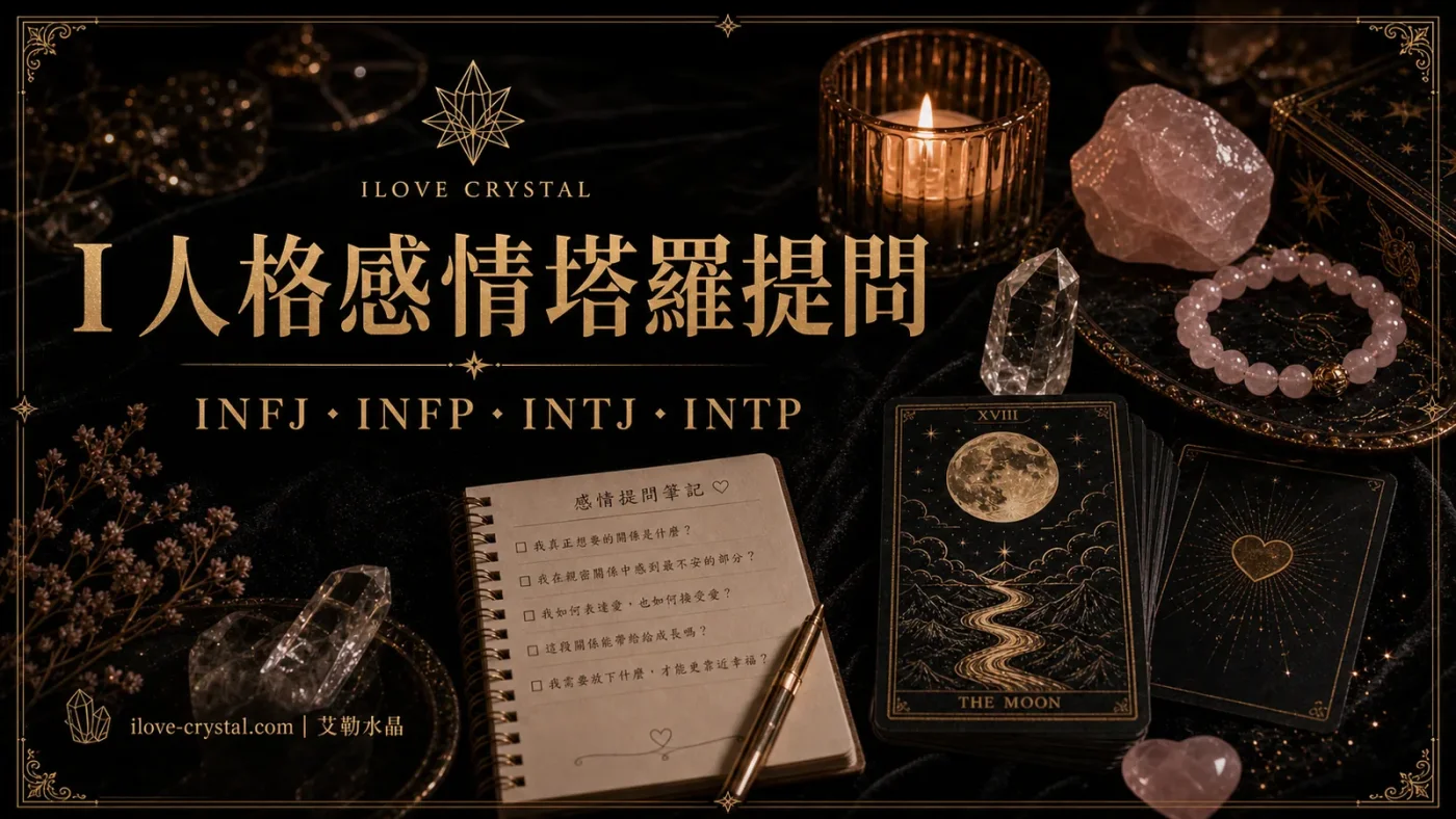 I人格感情塔羅提問封面，含 INFJ、INFP、INTJ、INTP 與艾勒水晶浮水印