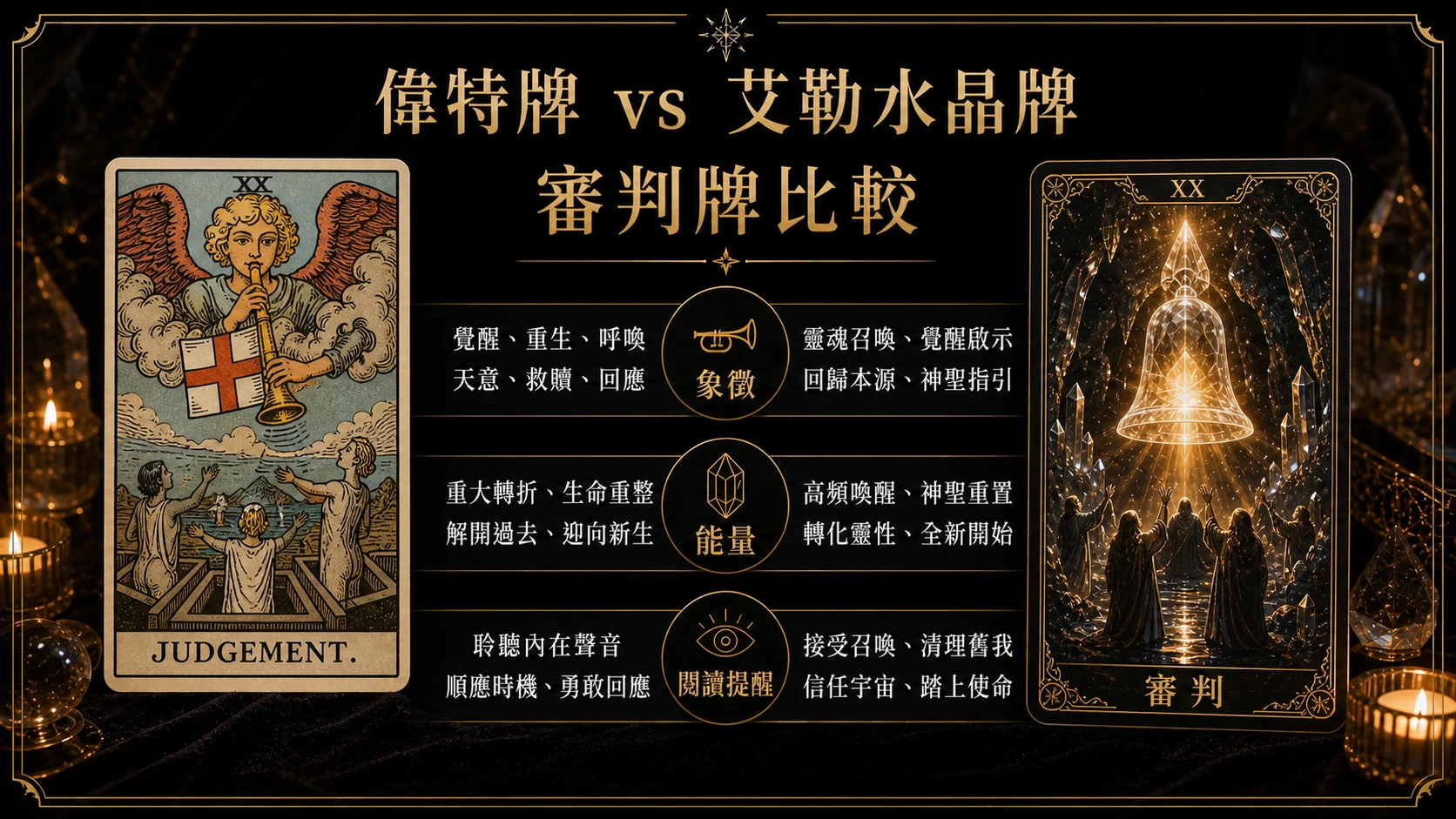 審判偉特牌與艾勒水晶牌並列比較圖，說明象徵與能量差異