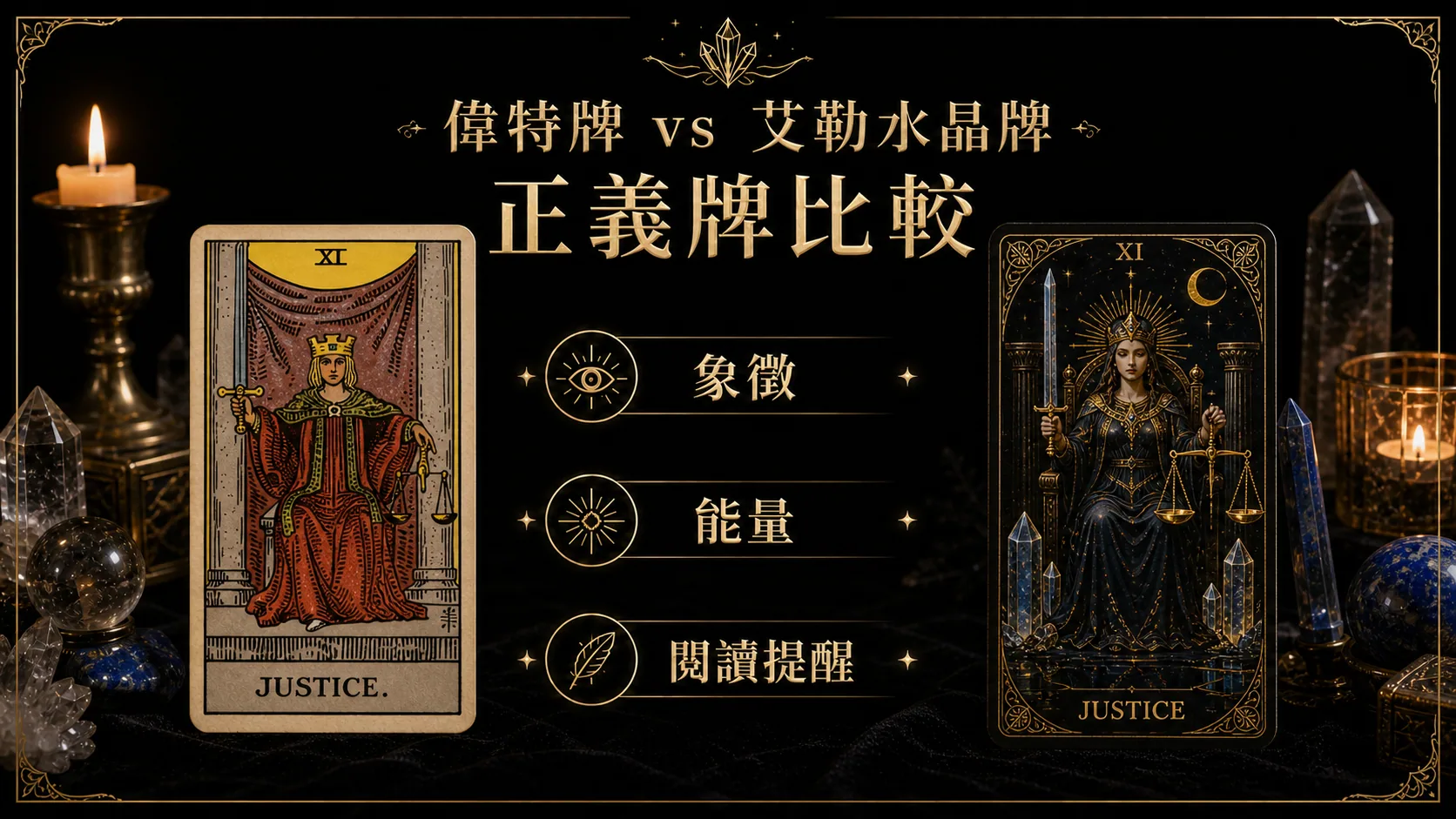 正義偉特牌與艾勒水晶牌並列比較圖，說明象徵與能量差異