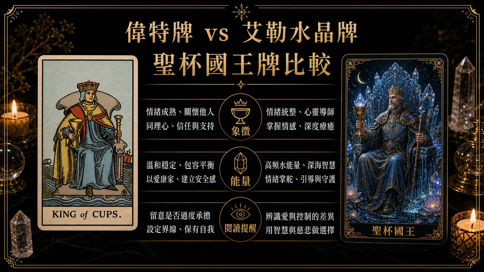 聖杯國王偉特牌與艾勒水晶牌並列比較圖，說明象徵與能量差異