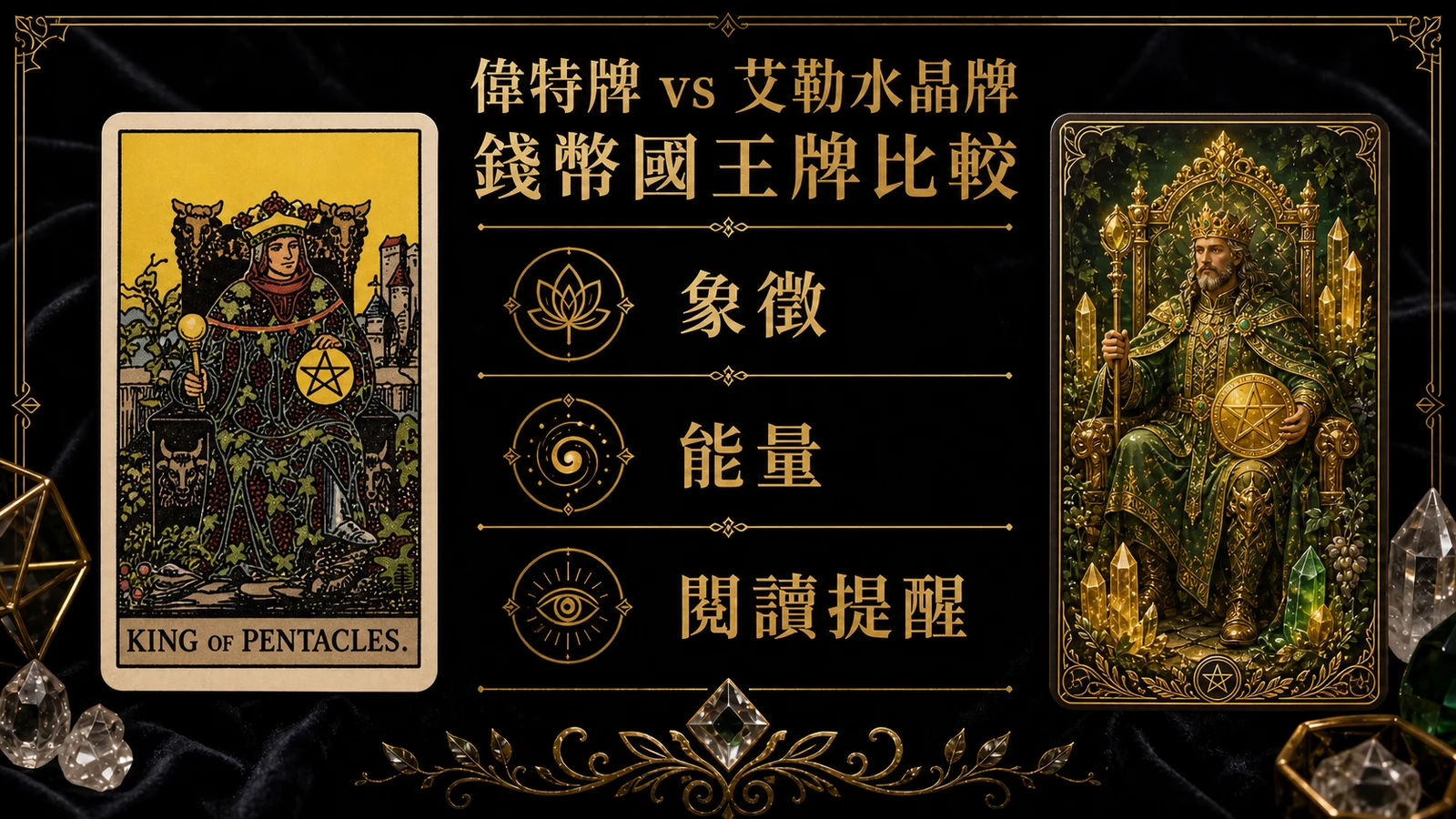錢幣國王偉特牌與艾勒水晶牌並列比較圖，說明象徵與能量差異