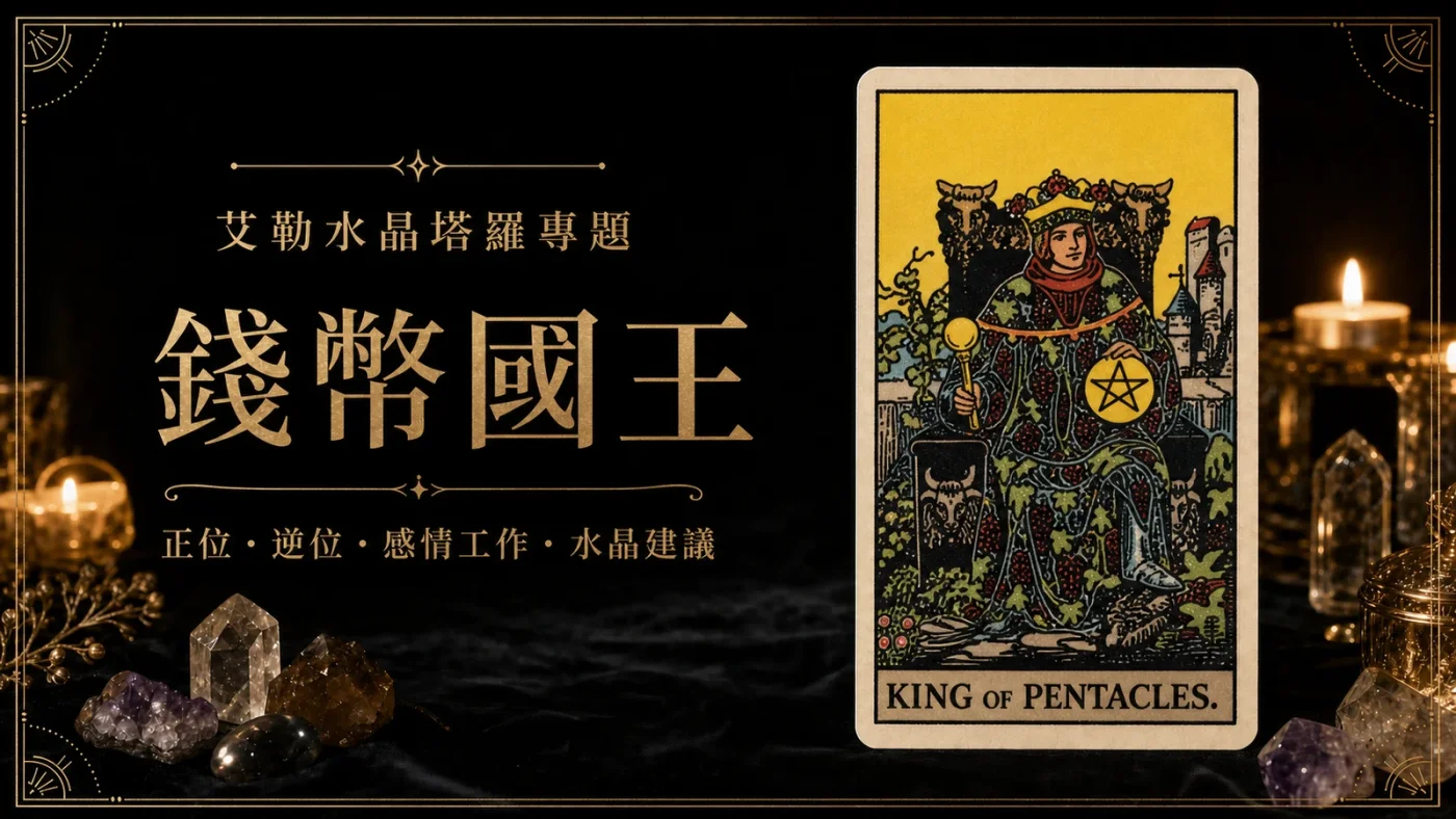 艾勒水晶錢幣國王塔羅牌義文章封面,含正位逆位、感情工作與水晶建議文字