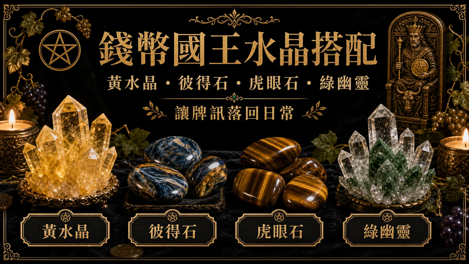 錢幣國王水晶搭配圖，包含黃水晶、彼得石、虎眼石、綠幽靈的牌訊建議