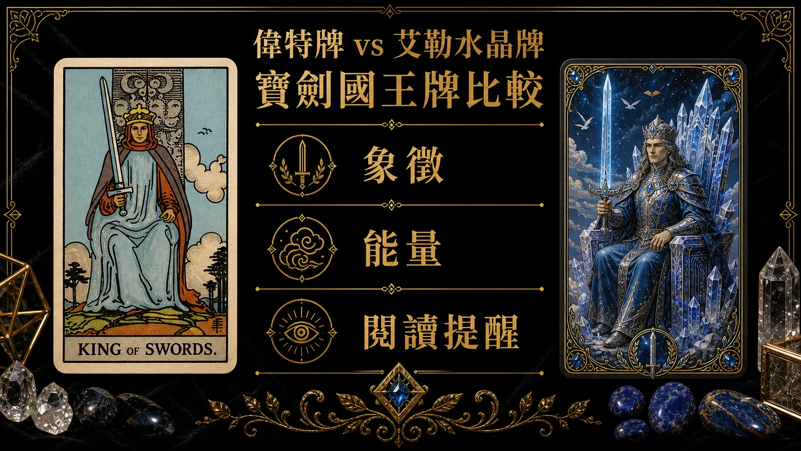 寶劍國王偉特牌與艾勒水晶牌並列比較圖，說明象徵與能量差異