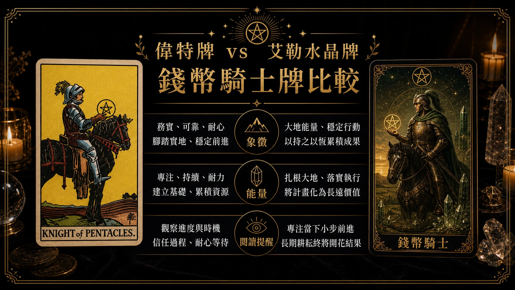 錢幣騎士偉特牌與艾勒水晶牌並列比較圖，說明象徵與能量差異