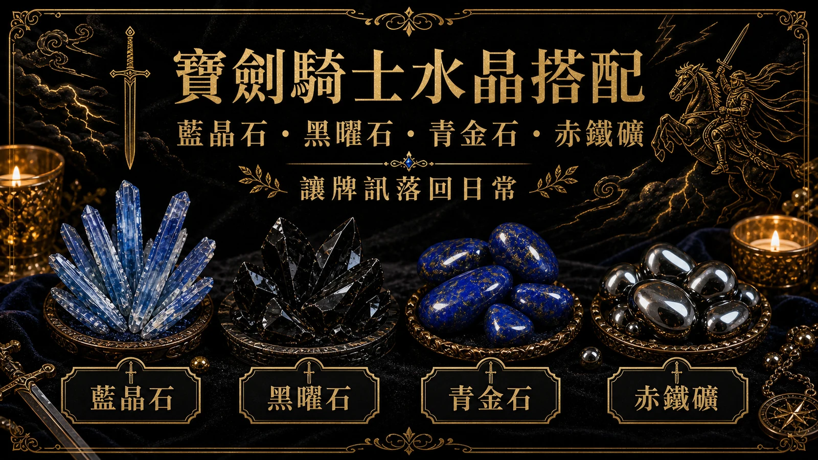 寶劍騎士水晶搭配圖，包含藍晶石、黑曜石、青金石、赤鐵礦的牌訊建議