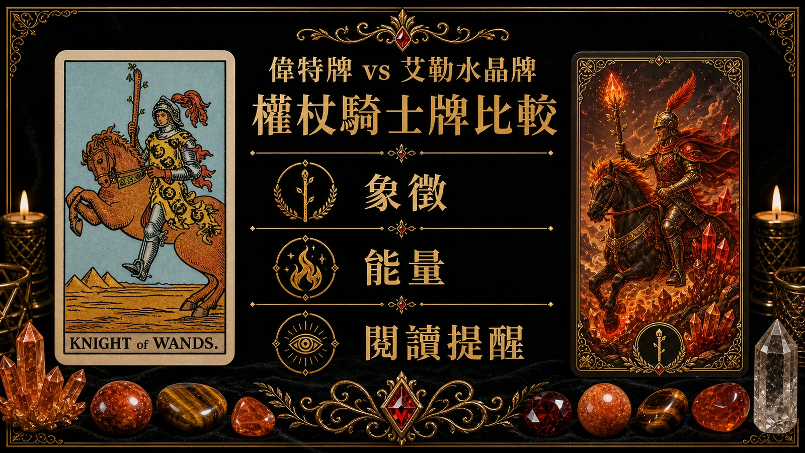 權杖騎士偉特牌與艾勒水晶牌並列比較圖，說明象徵與能量差異