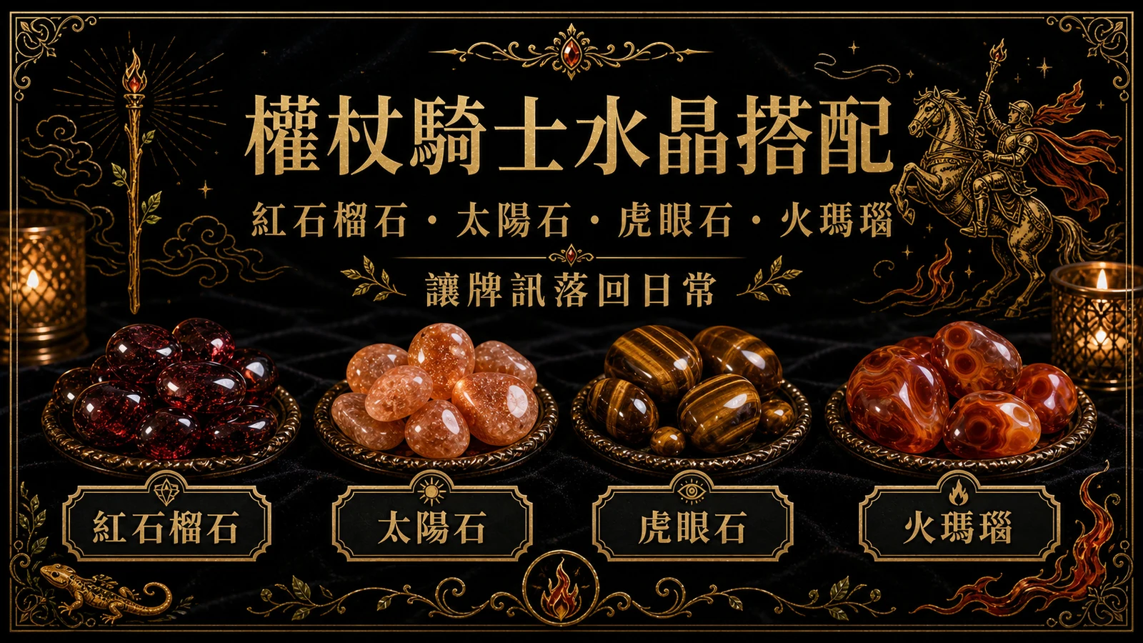 權杖騎士水晶搭配圖，包含紅石榴石、太陽石、虎眼石、火瑪瑙的牌訊建議