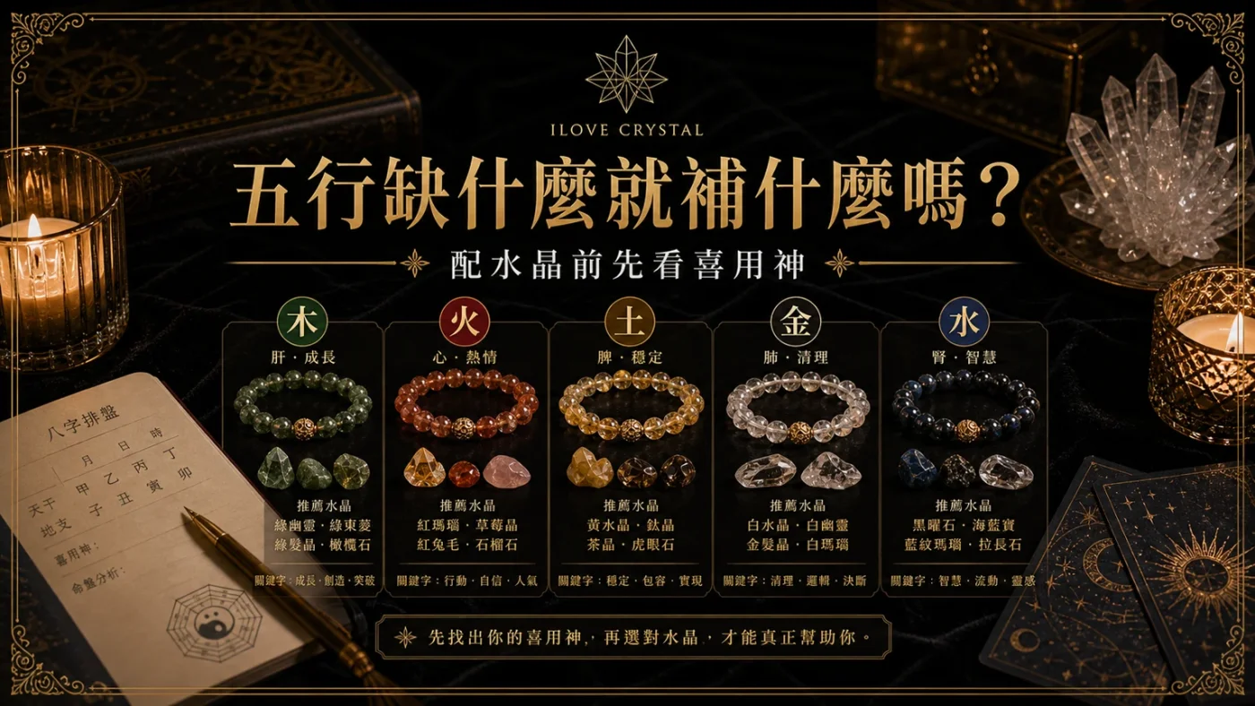 五行缺什麼就補什麼嗎?文章封面,五行缺什麼補什麼水晶的暗金水晶塔羅視覺