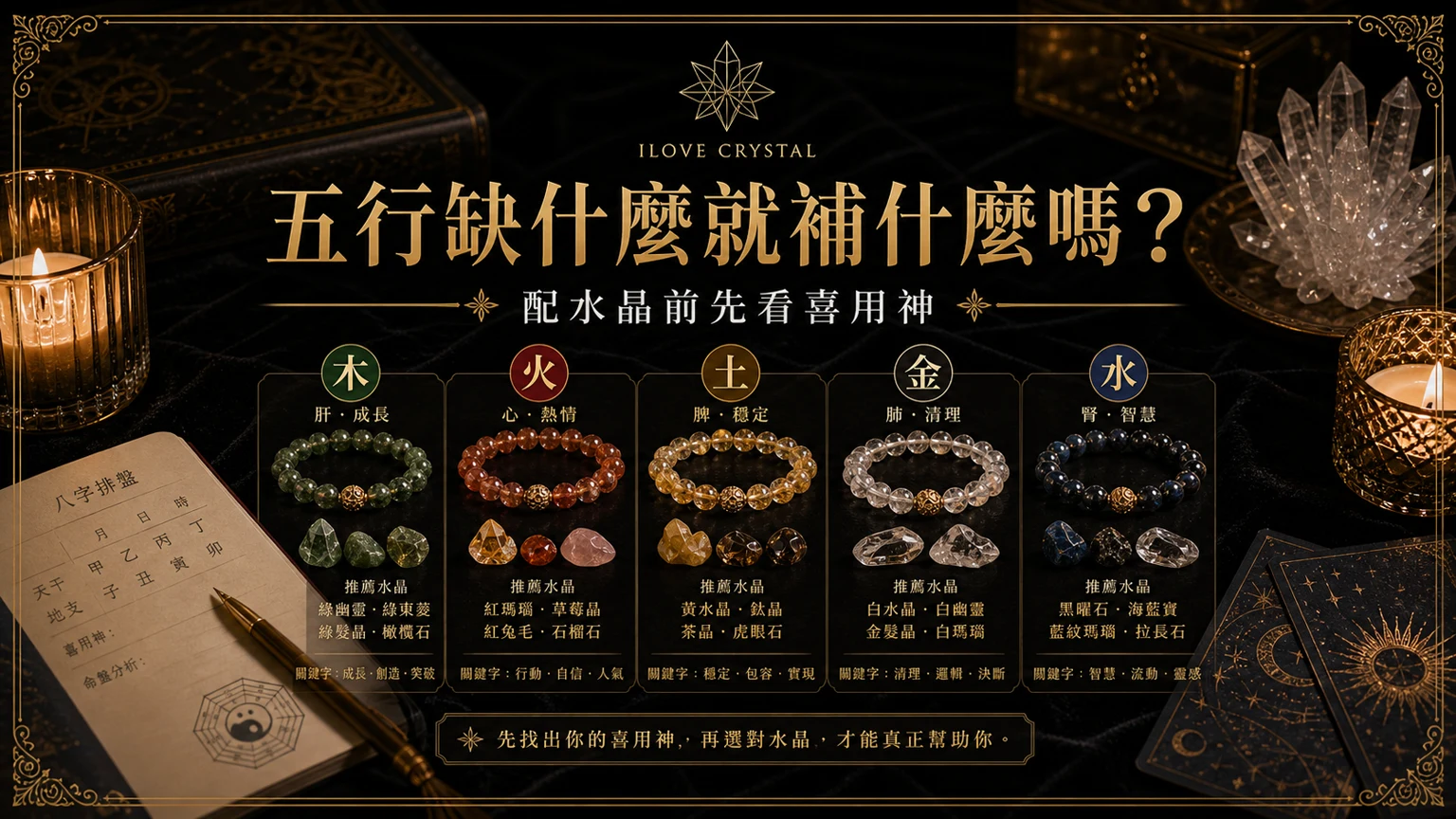 五行缺什麼就補什麼嗎？文章封面，五行缺什麼補什麼水晶的暗金水晶塔羅視覺