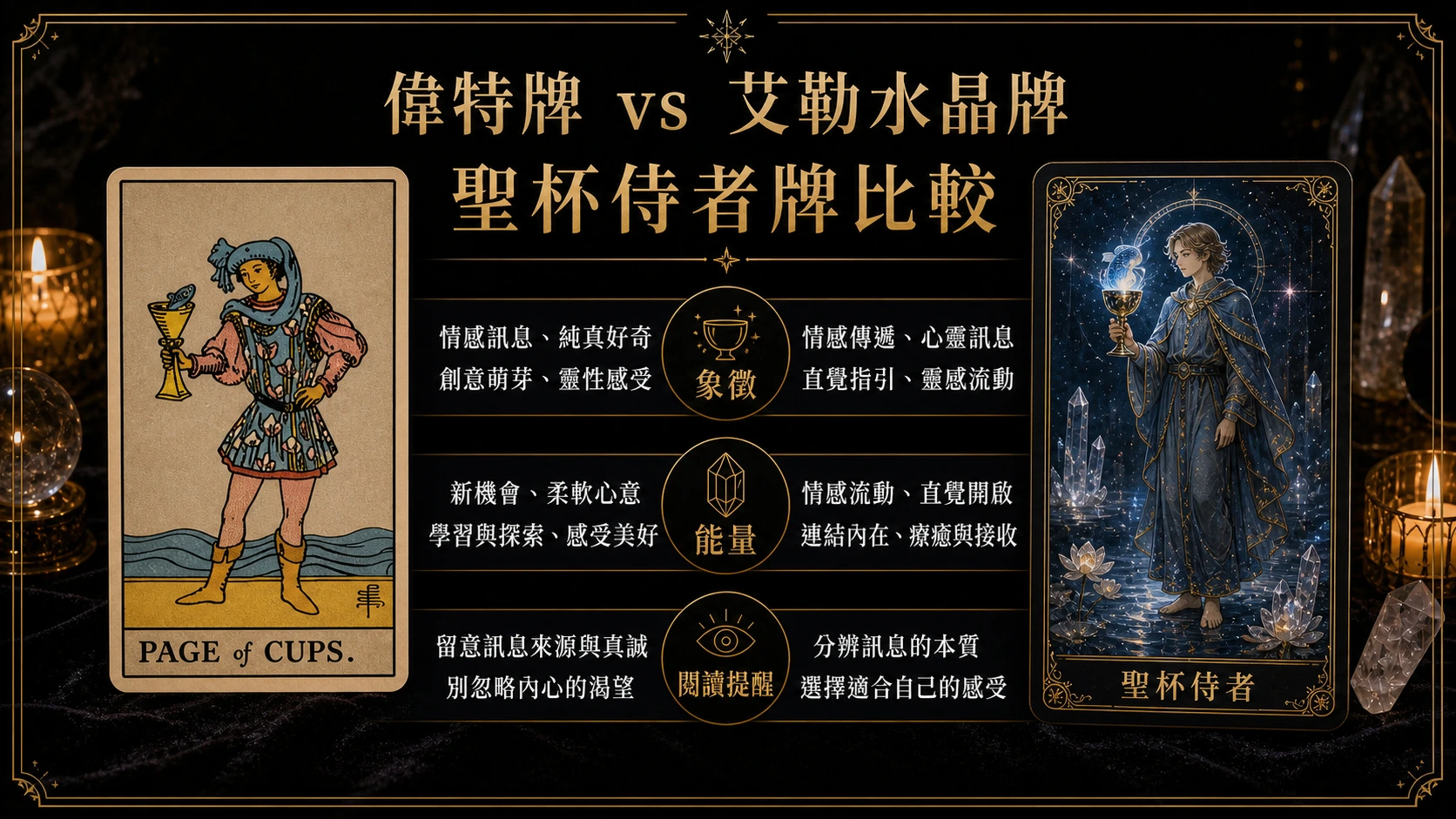 聖杯侍者偉特牌與艾勒水晶牌並列比較圖，說明象徵與能量差異