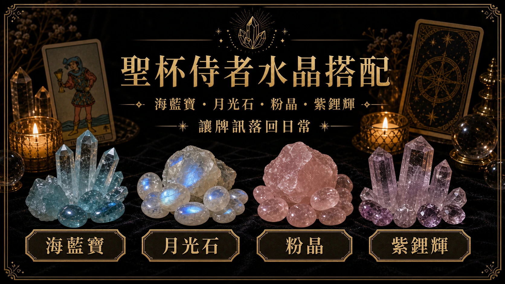 聖杯侍者水晶搭配圖，包含海藍寶、月光石、粉晶、紫鋰輝的牌訊建議