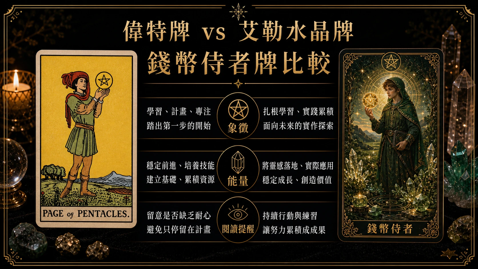 錢幣侍者偉特牌與艾勒水晶牌並列比較圖，說明象徵與能量差異