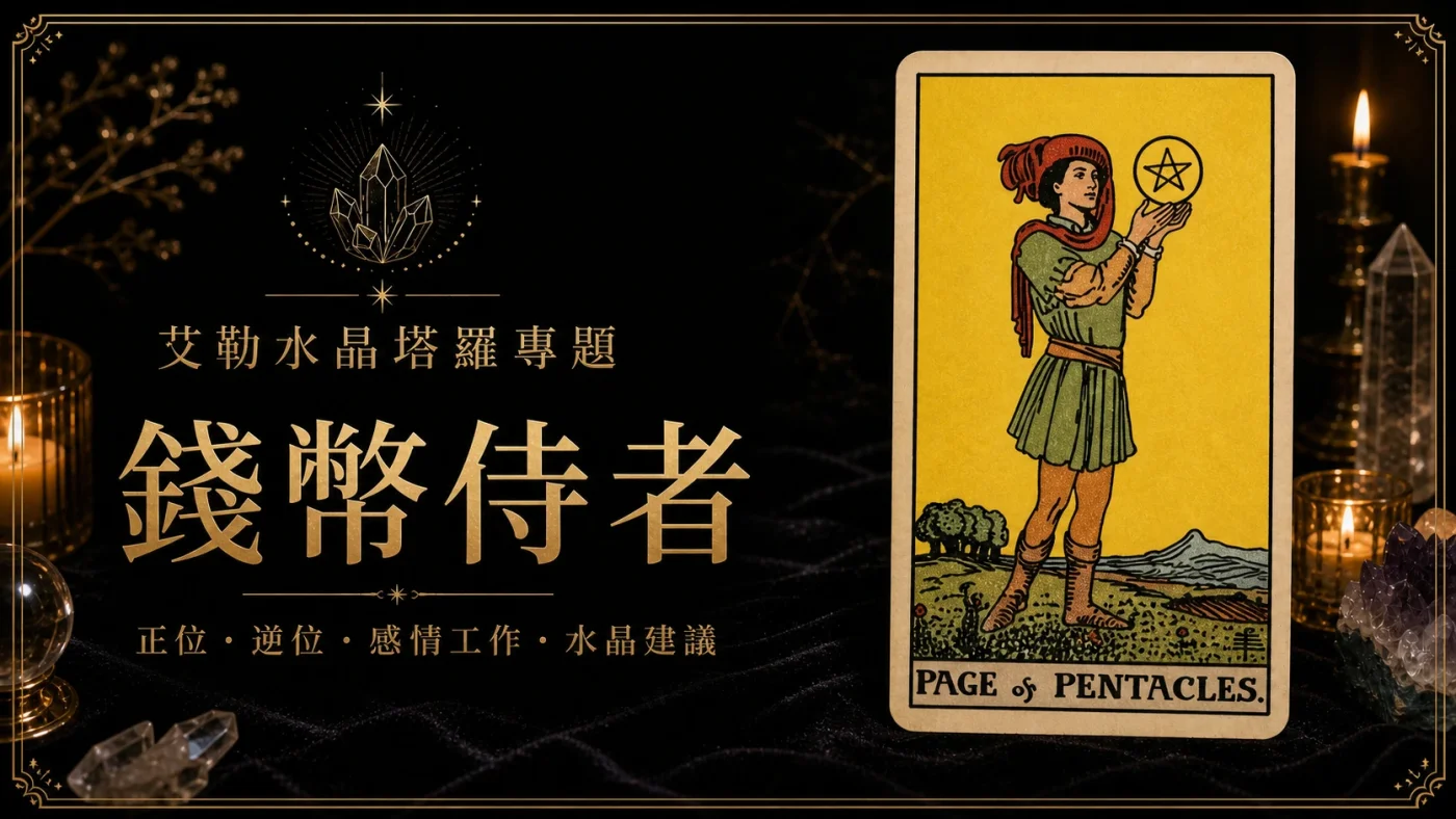 艾勒水晶錢幣侍者塔羅牌義文章封面，含正位逆位、感情工作與水晶建議文字