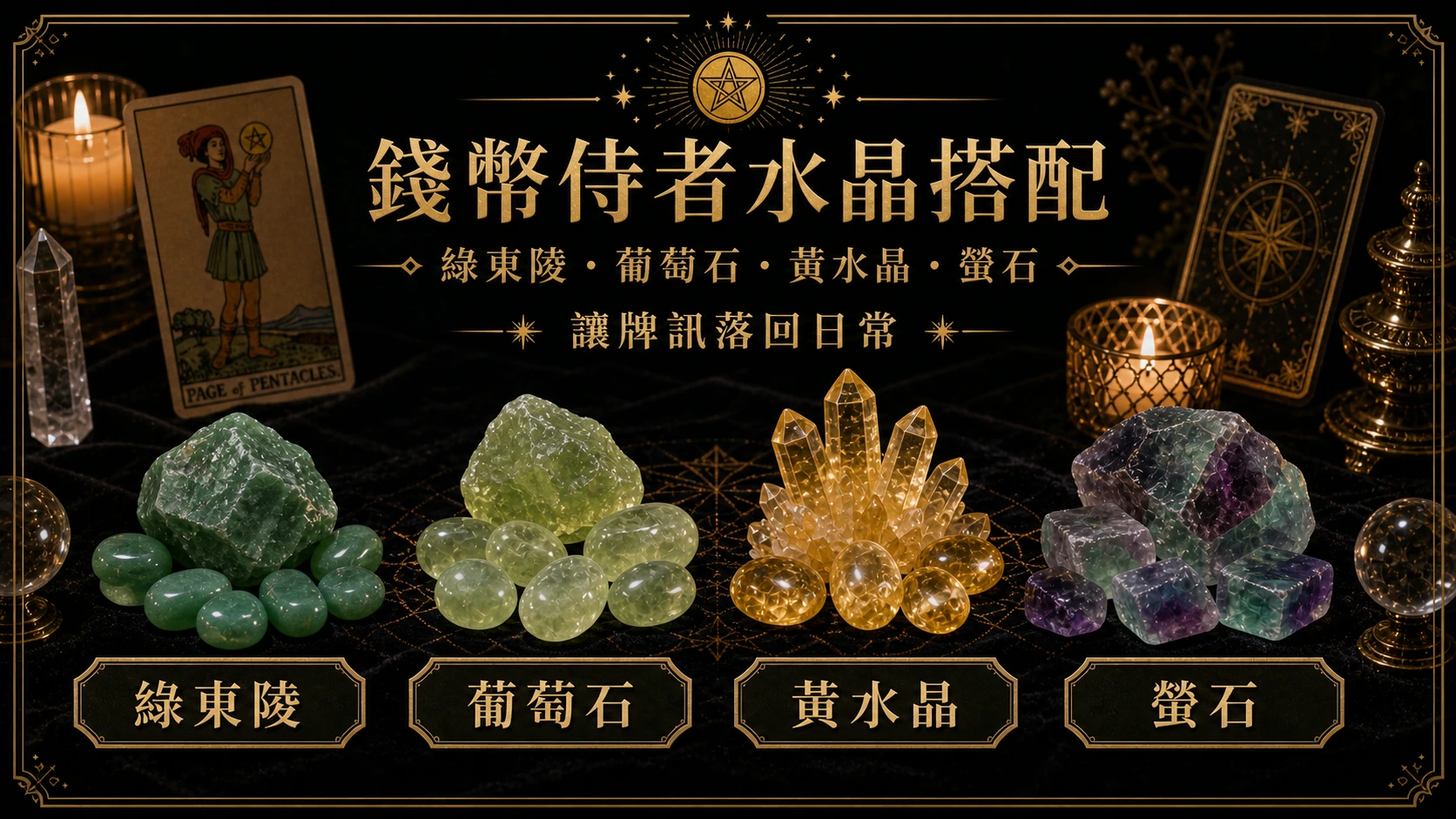 錢幣侍者水晶搭配圖，包含綠東陵、葡萄石、黃水晶、螢石的牌訊建議