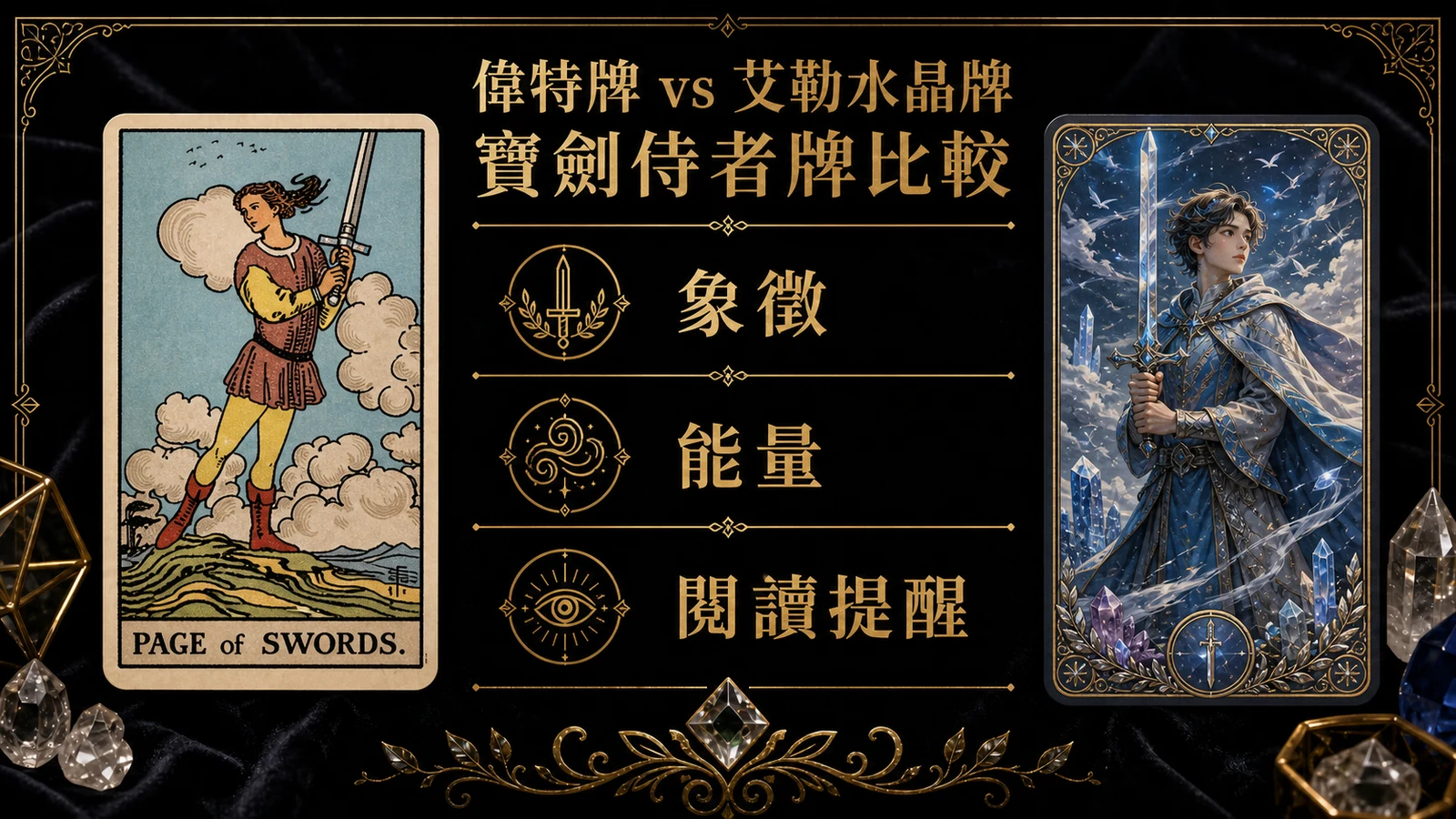 寶劍侍者偉特牌與艾勒水晶牌並列比較圖，說明象徵與能量差異