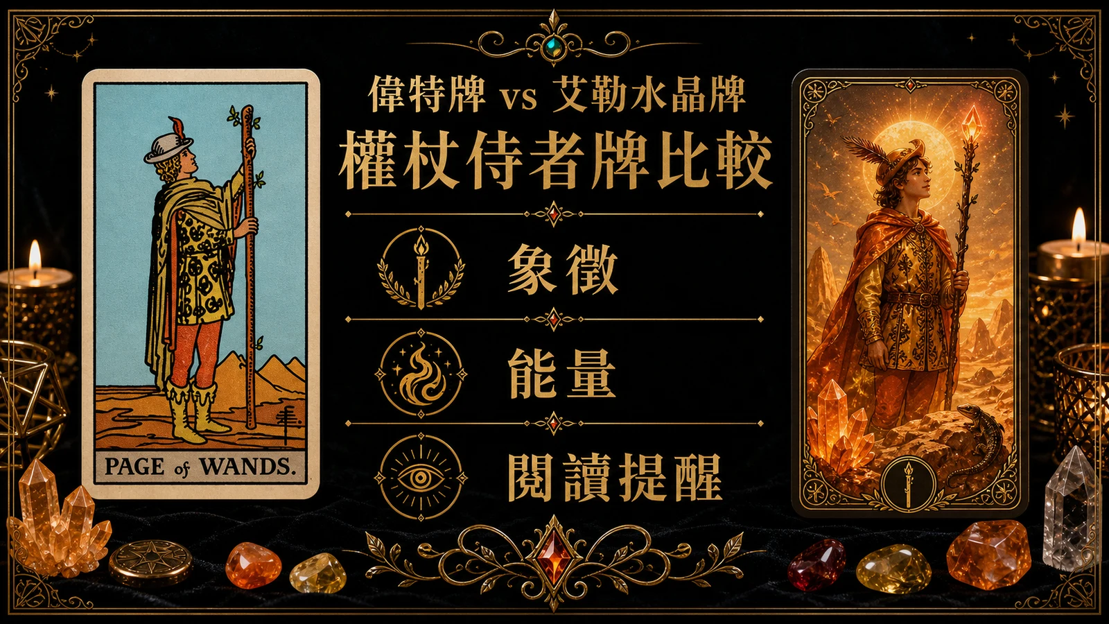權杖侍者偉特牌與艾勒水晶牌並列比較圖，說明象徵與能量差異