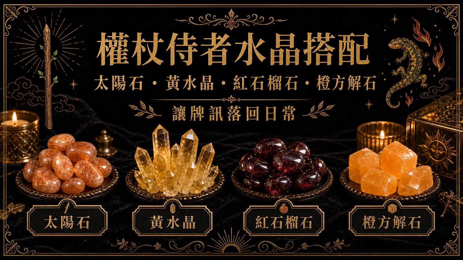 權杖侍者水晶搭配圖，包含太陽石、黃水晶、紅石榴石、橙方解石的牌訊建議