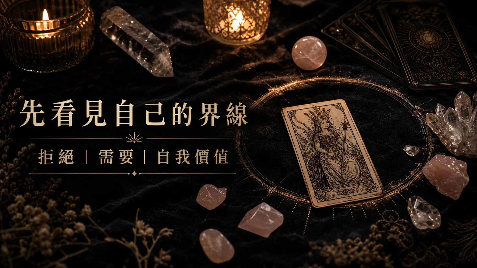 先看見自己的界線，搭配塔羅牌、玫瑰水晶與白水晶的心理練習圖