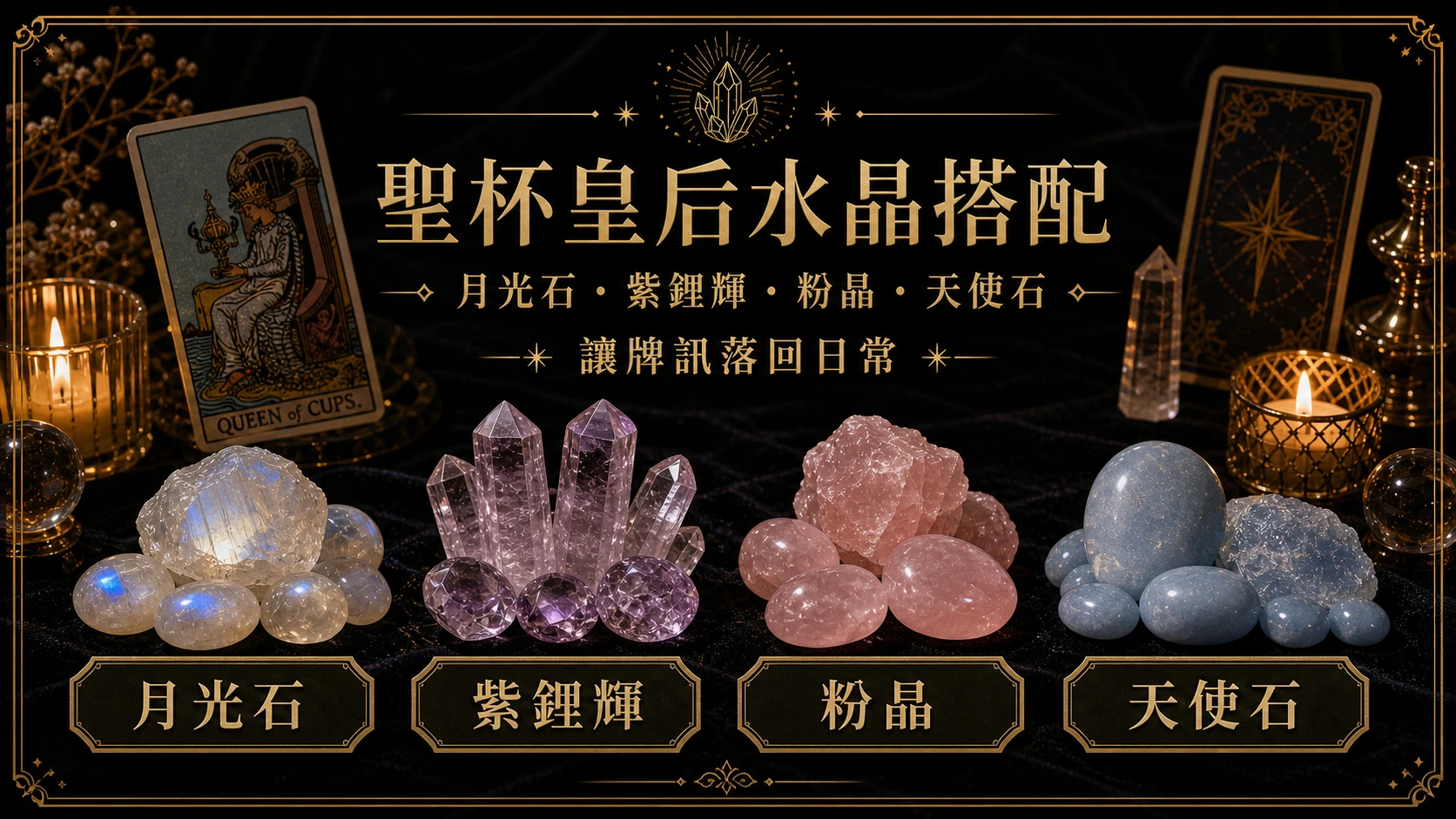 聖杯皇后水晶搭配圖，包含月光石、紫鋰輝、粉晶、天使石的牌訊建議