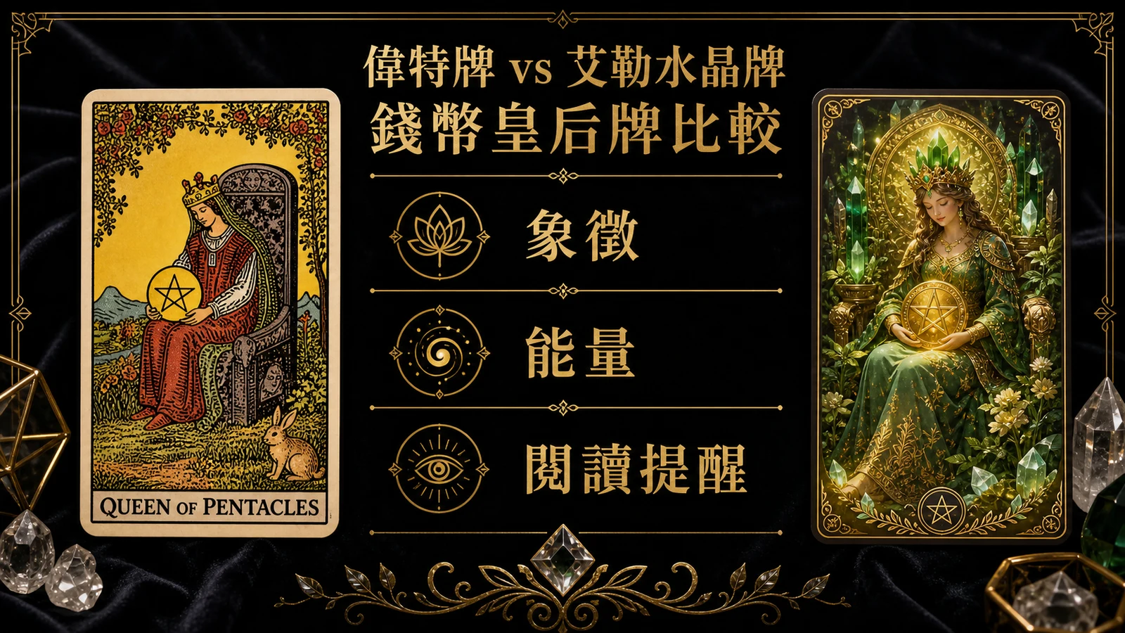錢幣皇后偉特牌與艾勒水晶牌並列比較圖，說明象徵與能量差異