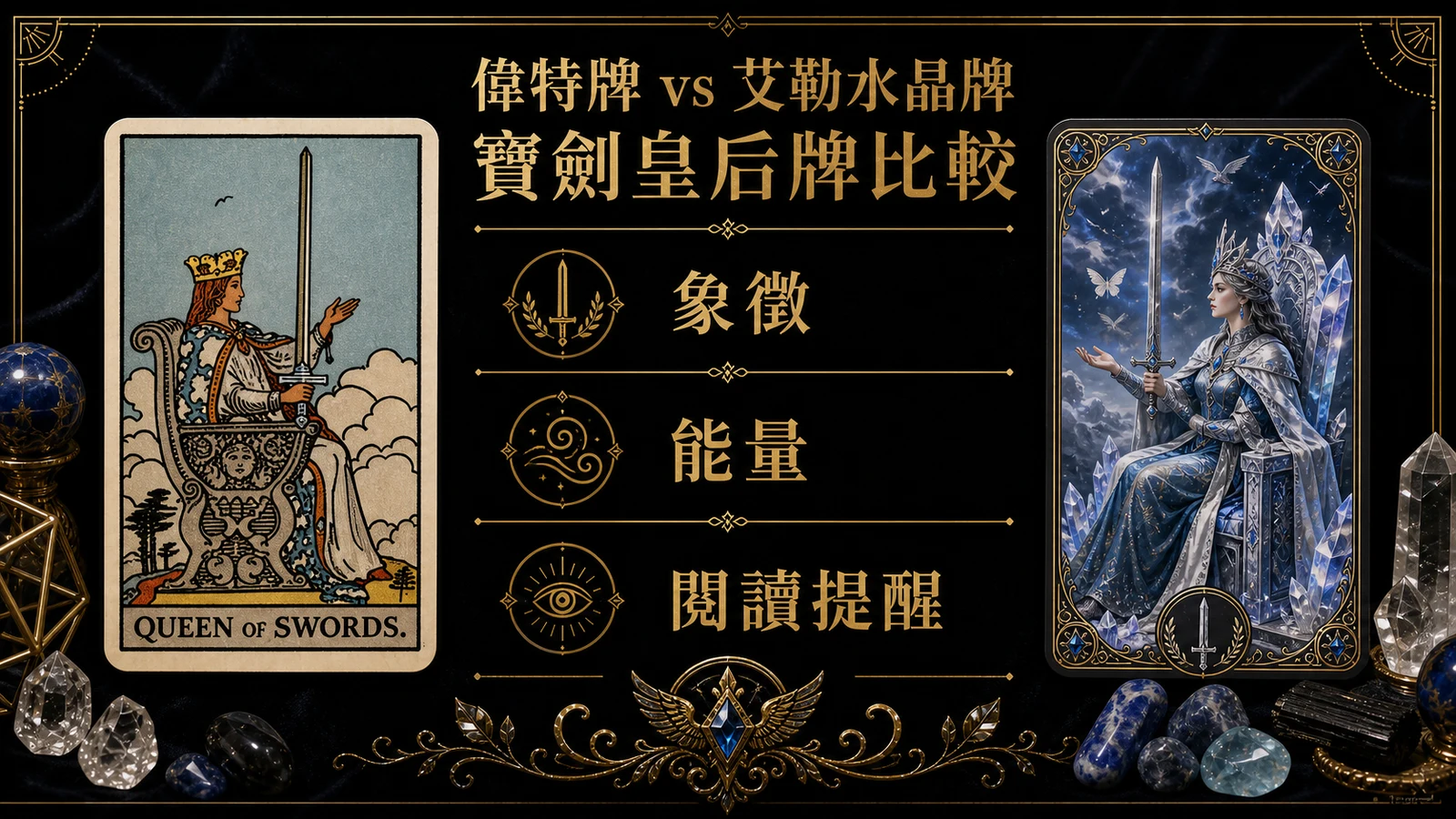 寶劍皇后偉特牌與艾勒水晶牌並列比較圖，說明象徵與能量差異