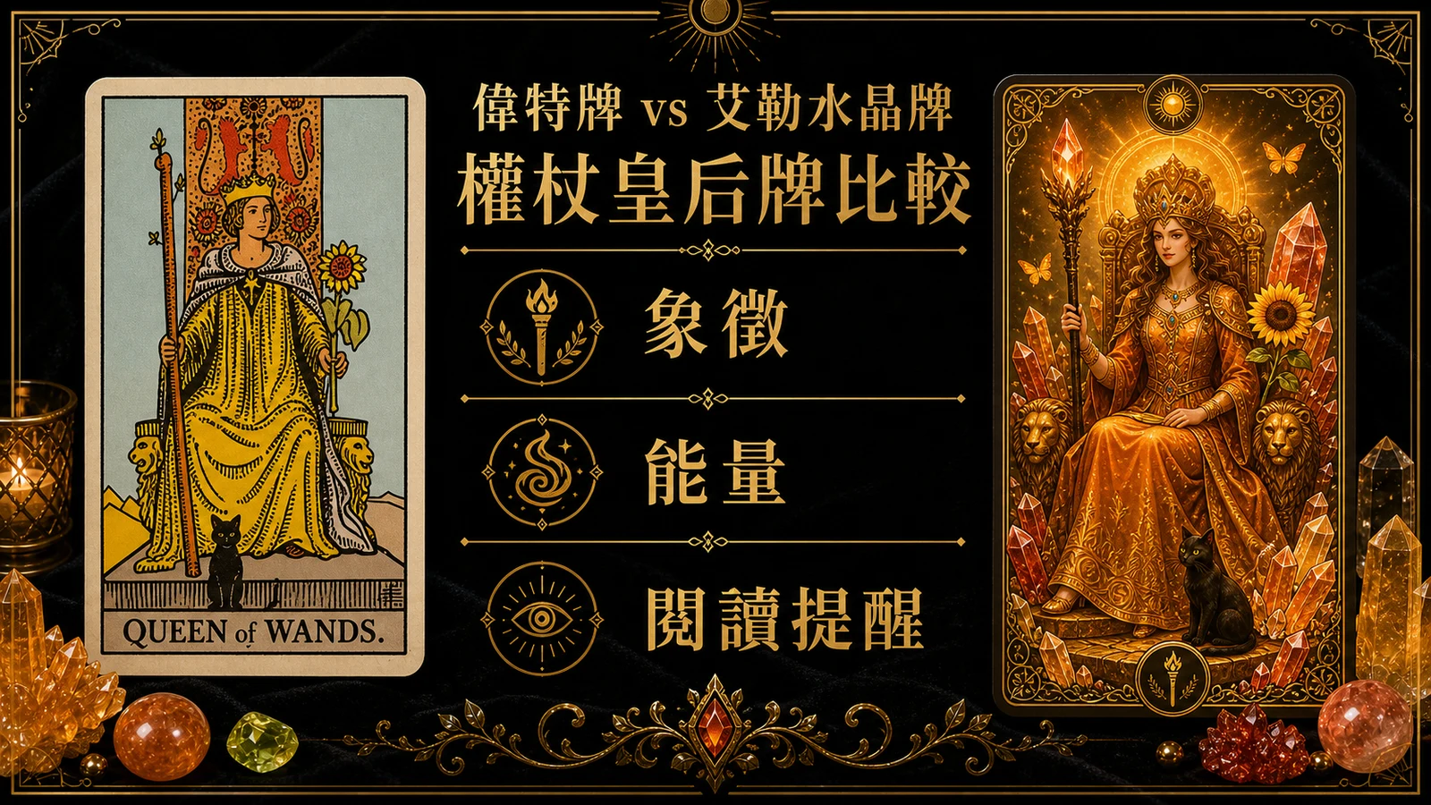 權杖皇后偉特牌與艾勒水晶牌並列比較圖，說明象徵與能量差異