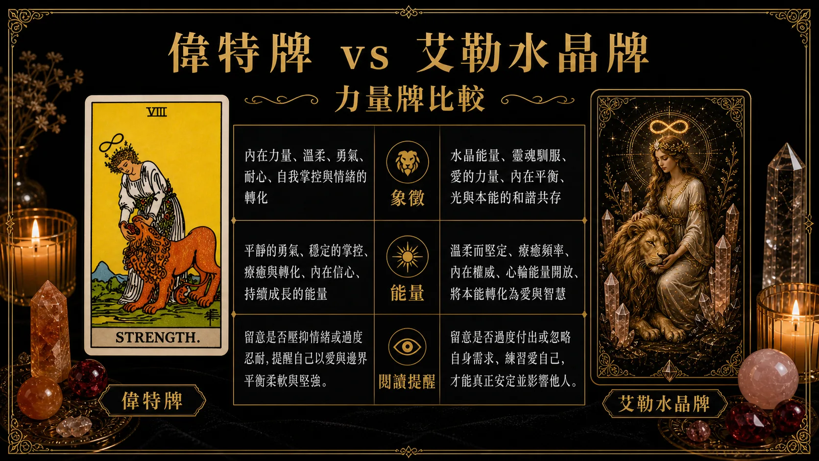 力量偉特牌與艾勒水晶牌並列比較圖，說明象徵與能量差異