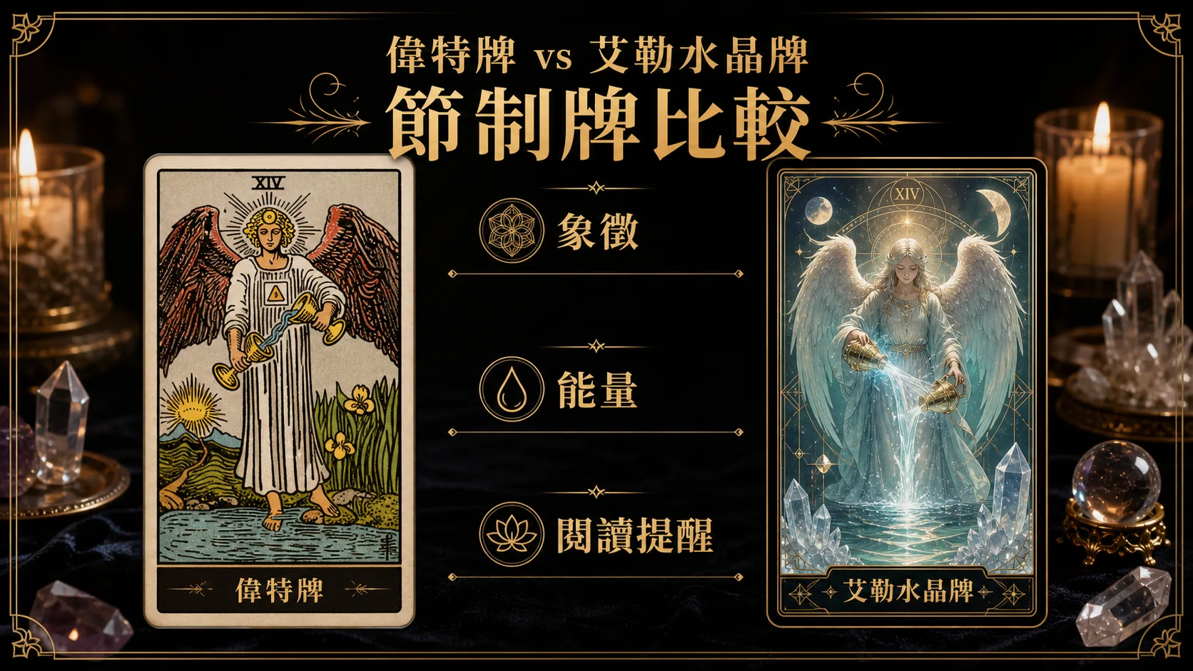 節制偉特牌與艾勒水晶牌並列比較圖，說明象徵與能量差異